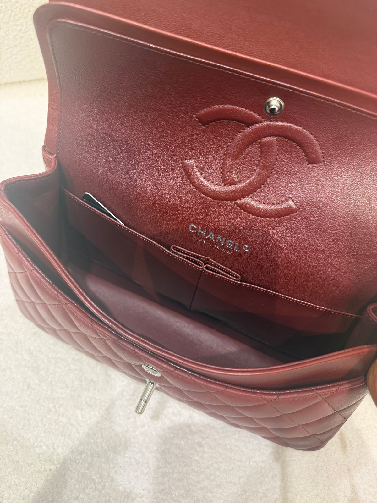 Chanel Classic Flap | Medium | Burgundy Lambskin | Silver Hardware | Excellent