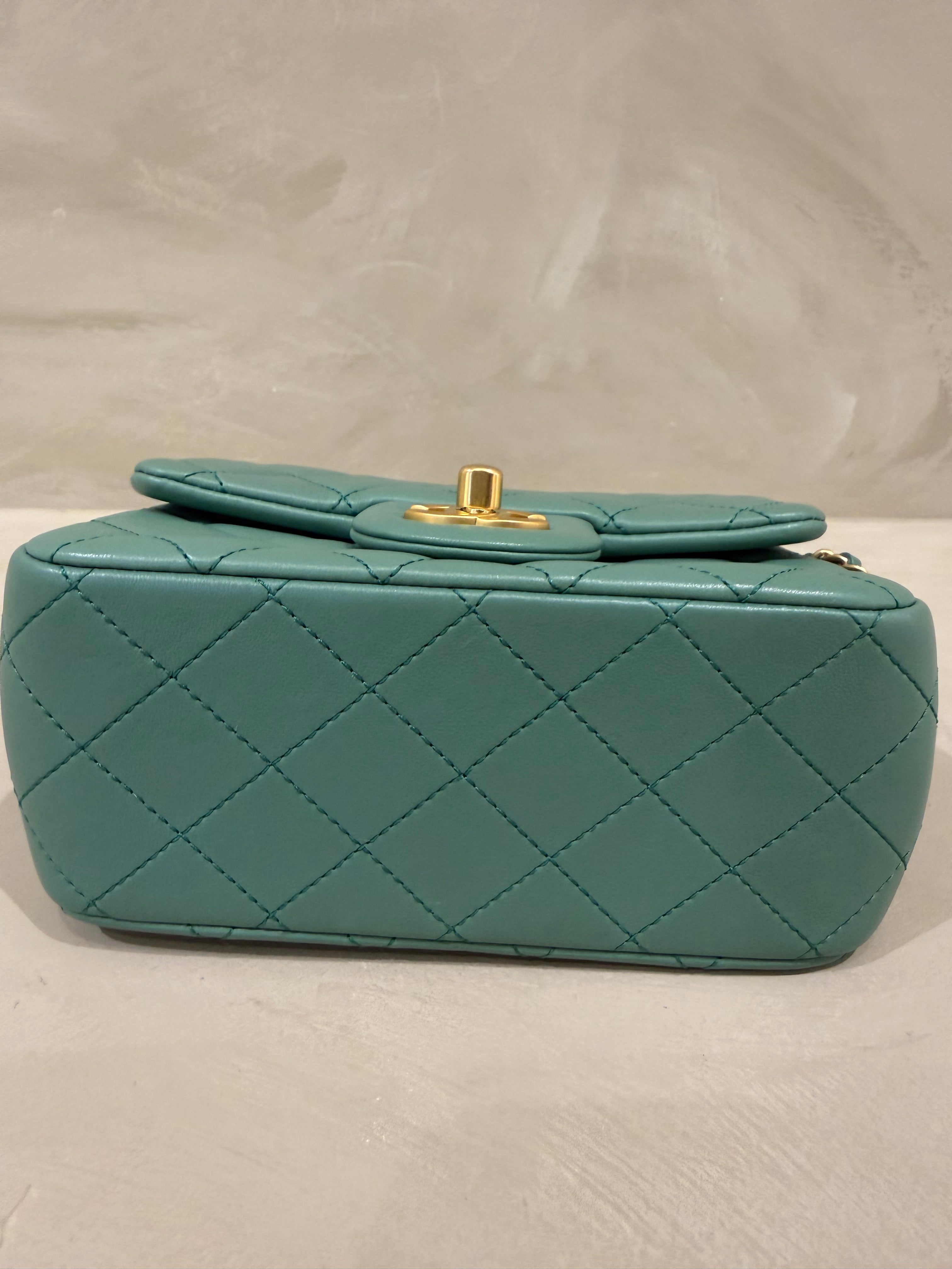 Chanel Mini Square Pearl Crush | Green Lambskin | Brushed Gold Hardware | Microchip | Excellent