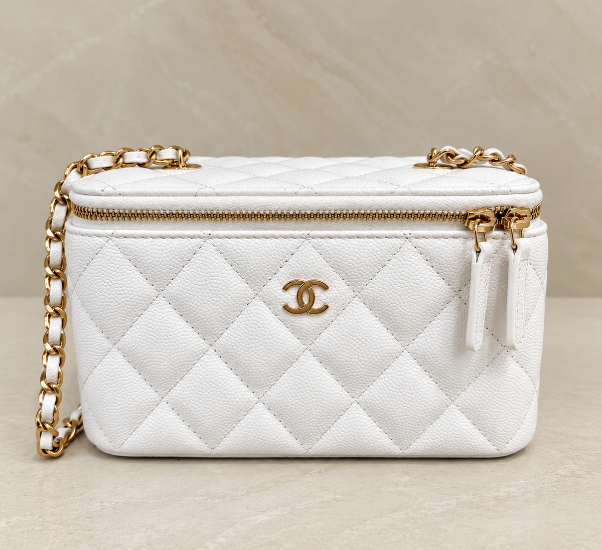 Chanel Vanity Box Bag with Mirror – White Caviar Leather | Light Gold Hardware | Microchipped