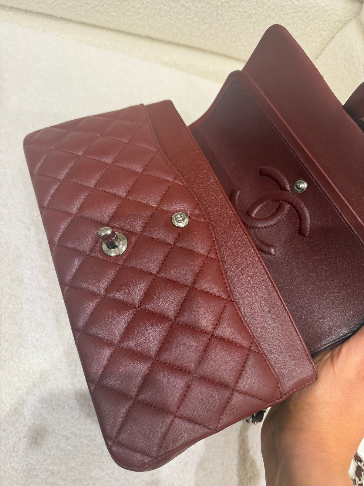 Chanel Classic Flap | Medium | Burgundy Lambskin | Silver Hardware | Excellent