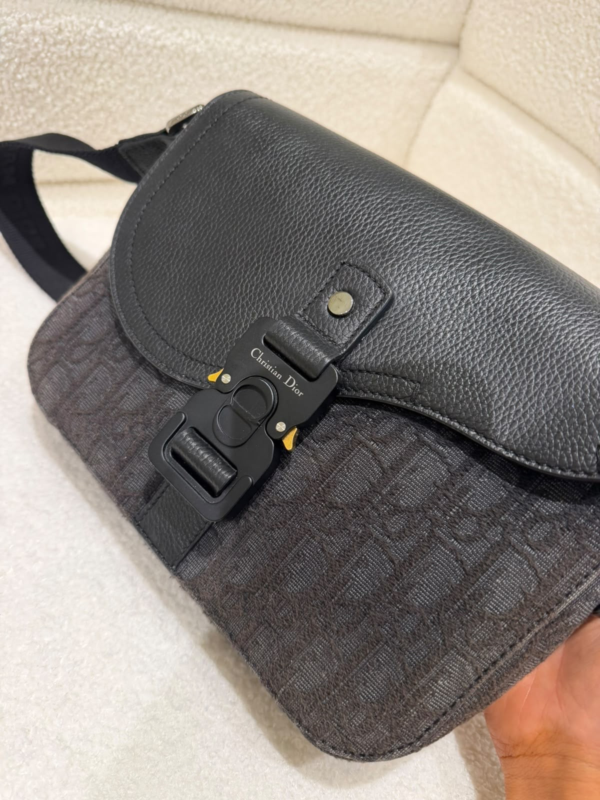 Dior Oblique Jacquard Grained Calfskin Saddle Pouch With Strap | Black | Good Condition