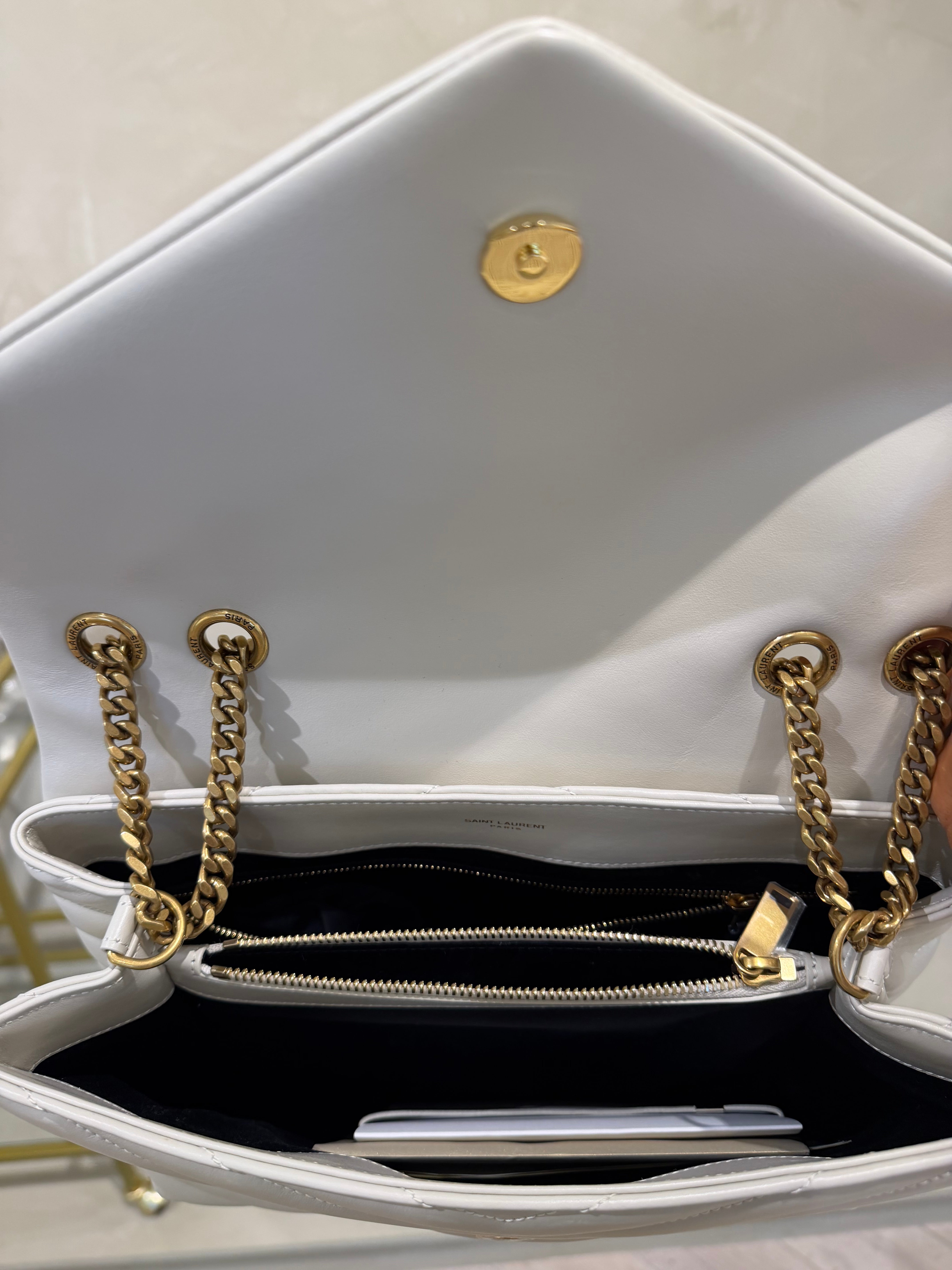Saint Laurent Loulou Large Cream Quilted Leather Shoulder Bag with Gold Hardware