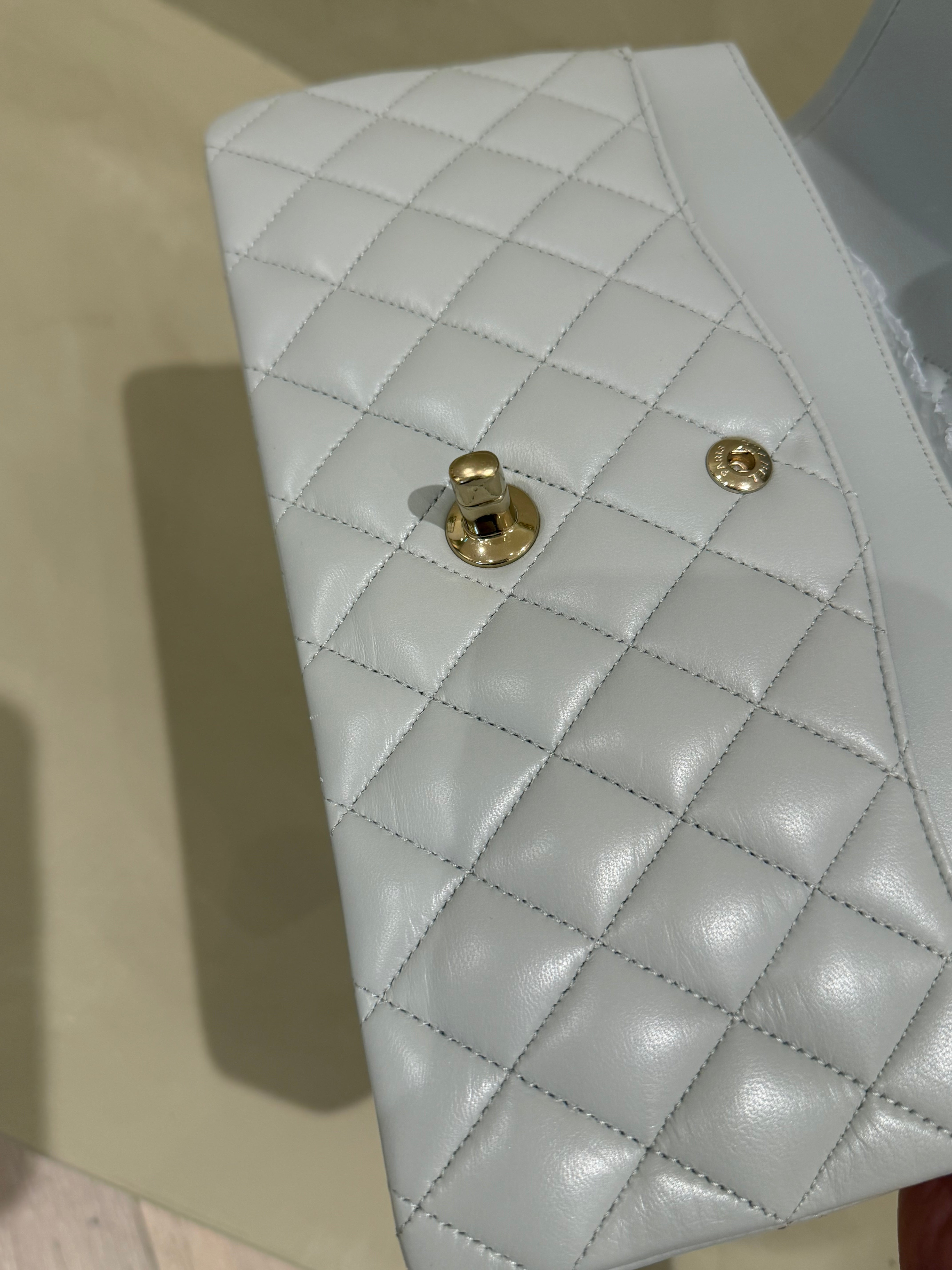 Chanel Medium Classic Flap | Blue/Grey Lambskin | Champagne Gold Hardware | Microchip | Pristine