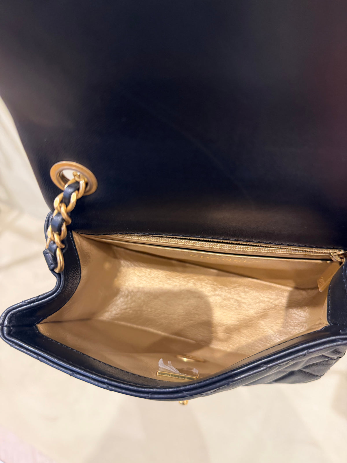Chanel Mini Square Pearl Crush Black Lambskin Bag | Aged Gold Hardware | Microchipped