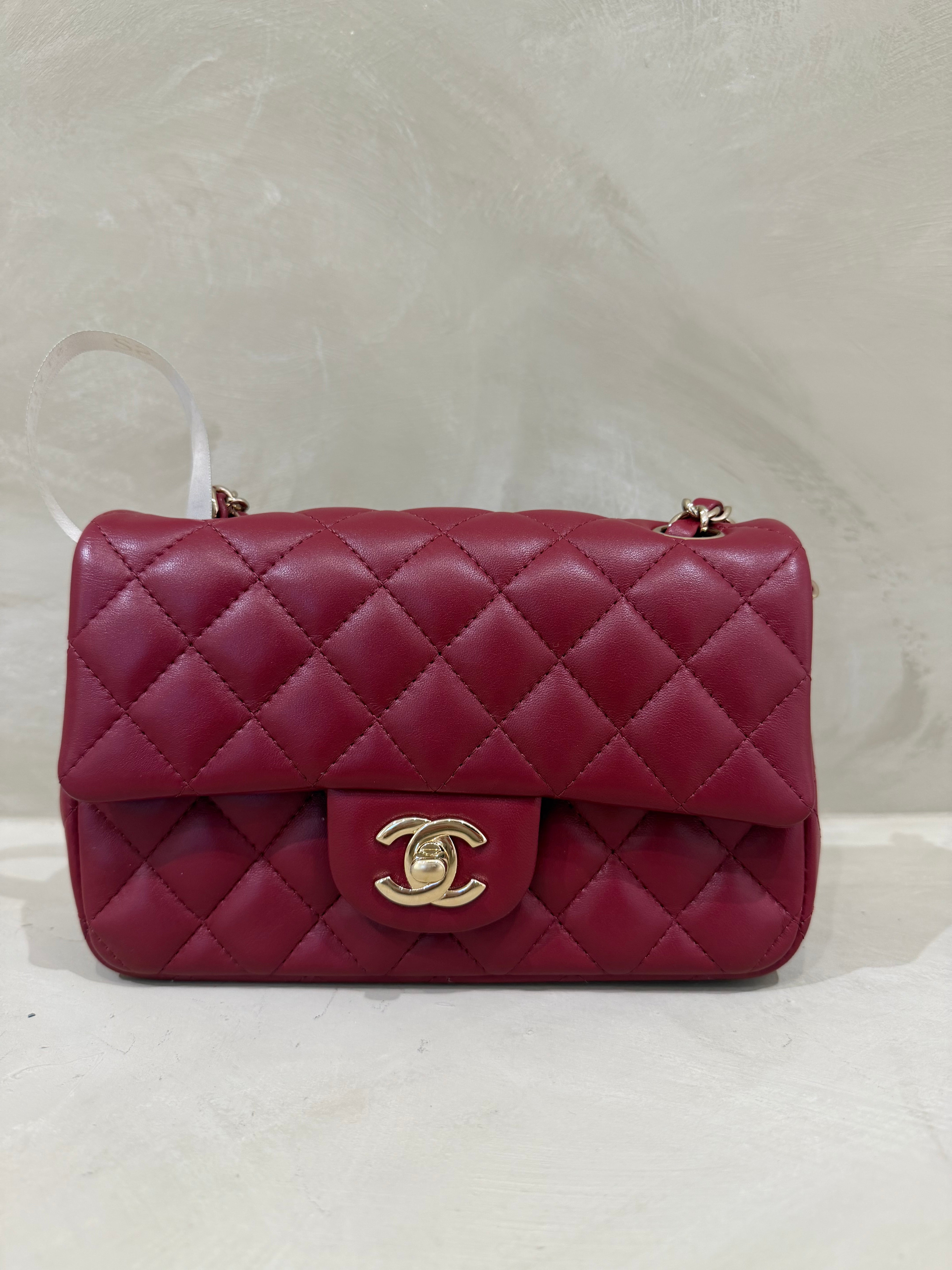Chanel Mini Rectangle burgundy lambskin bag with champagne gold hardware in excellent condition with box and dust bag