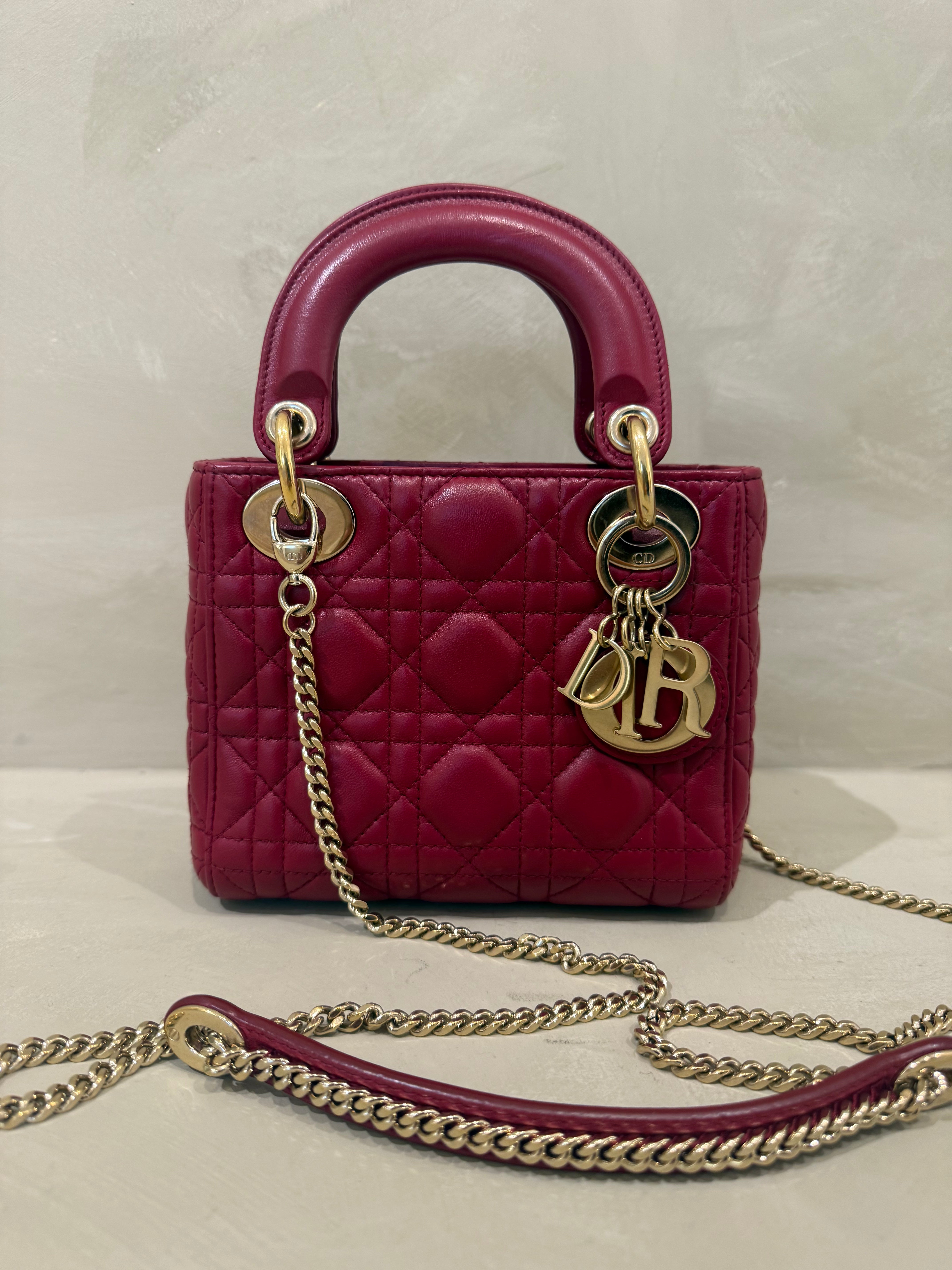 Dior Lady Dior Mini | Deep Red Lambskin | Gold Hardware | Very Good