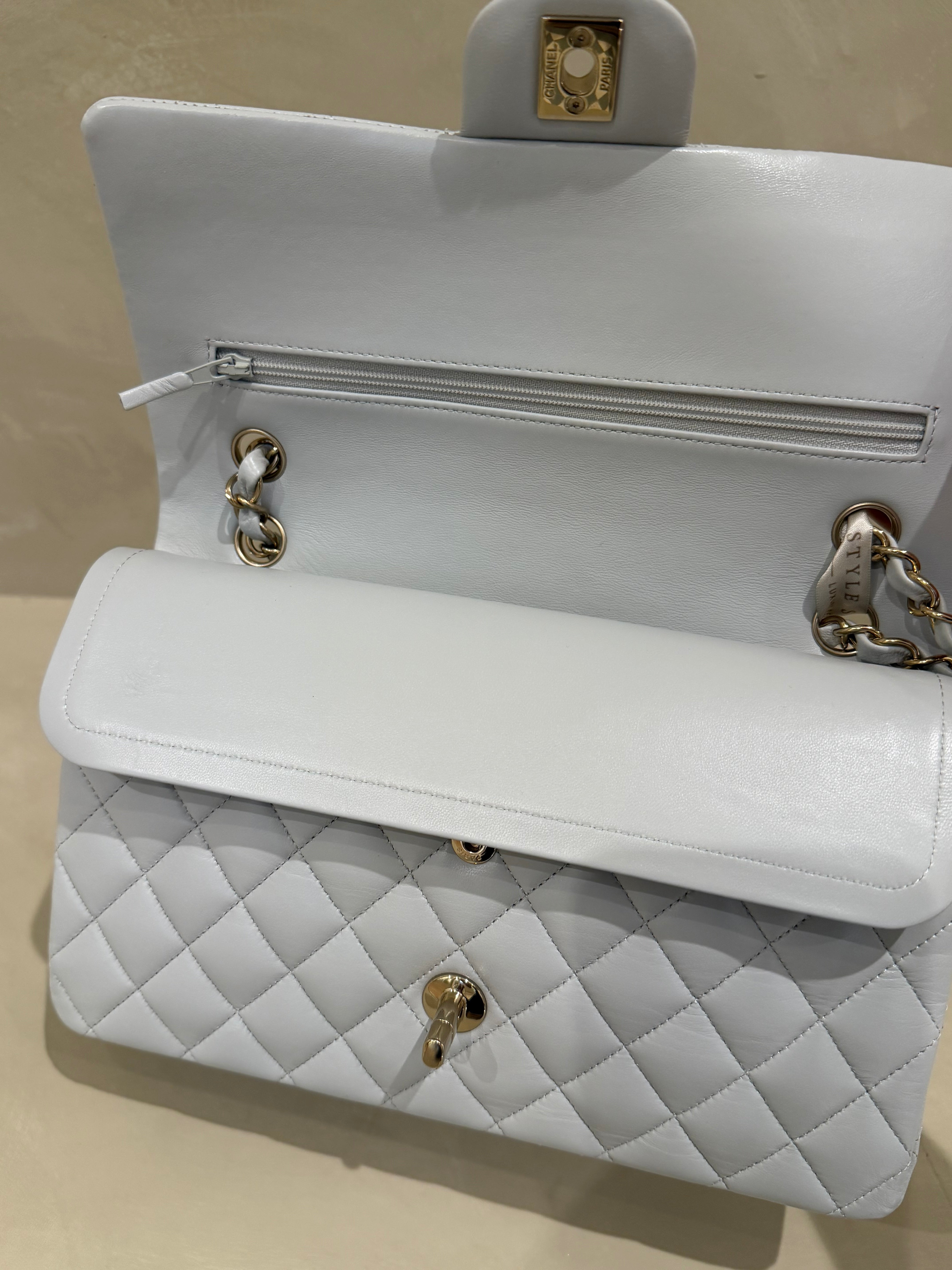 Chanel Medium Classic Flap | Blue/Grey Lambskin | Champagne Gold Hardware | Microchip | Pristine