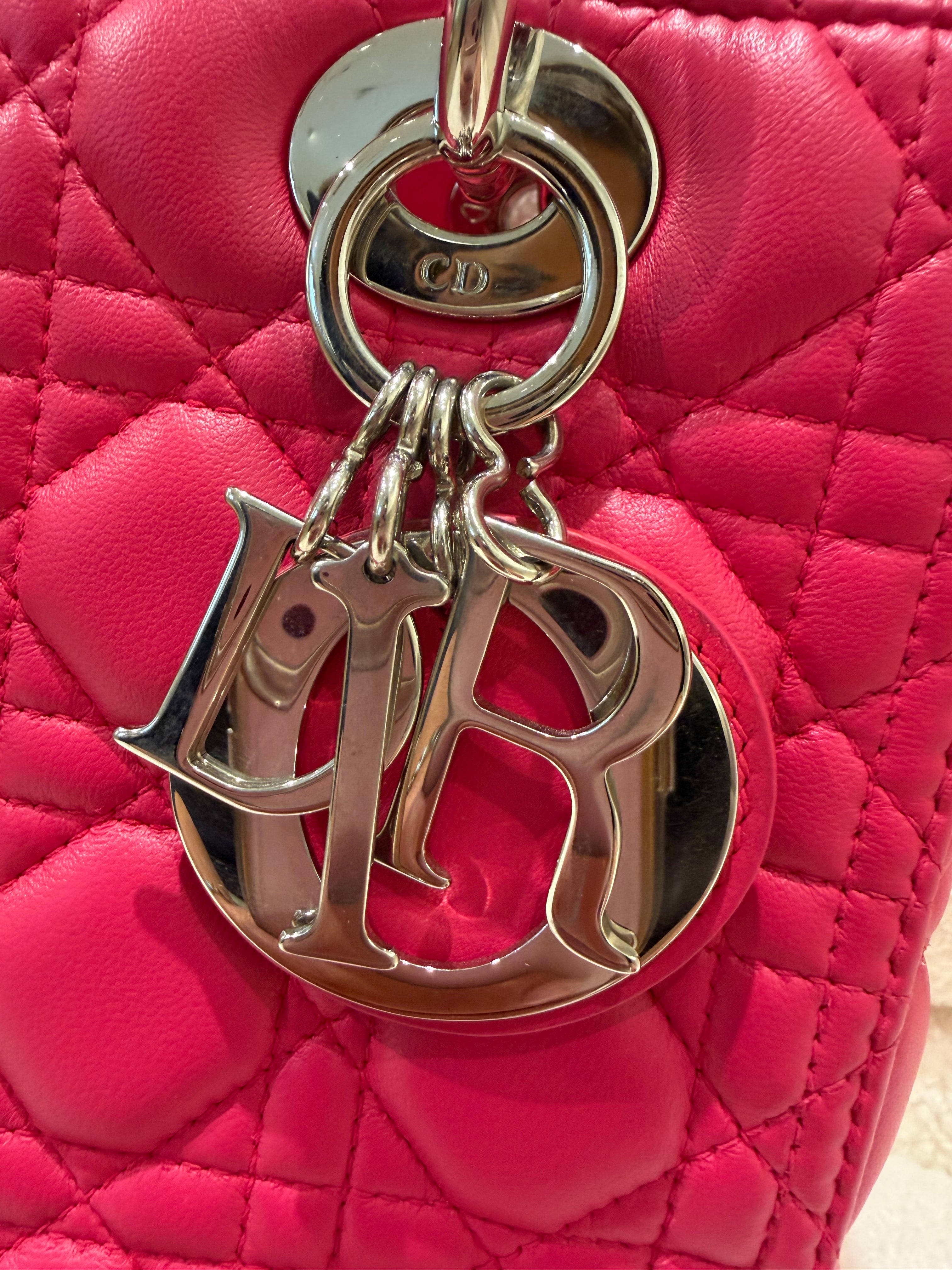 Dior Lady Dior | Medium | Fuchsia Pink Lambskin | Silver Hardware | Excellent