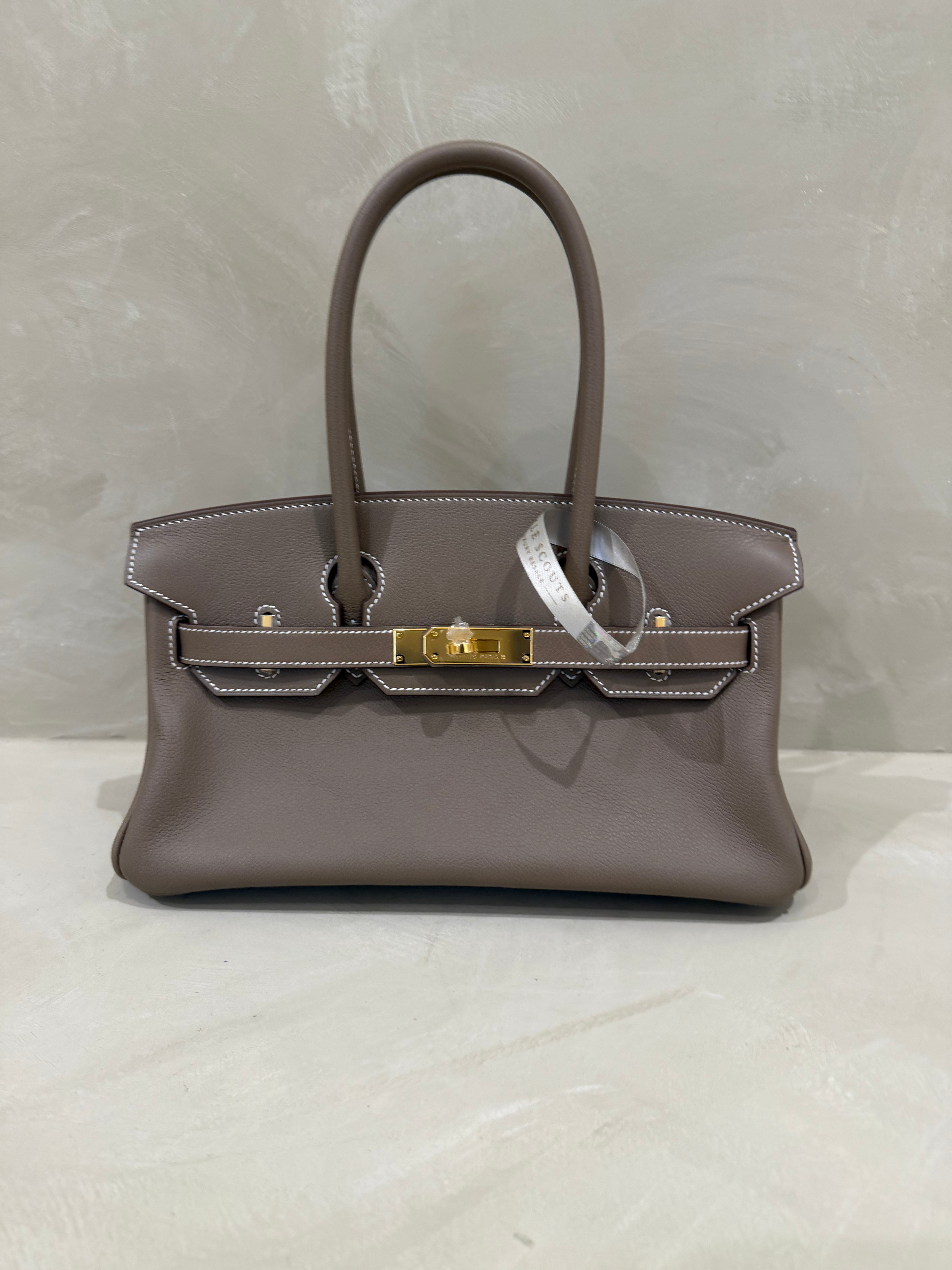 Hermes shoulder Birkin 29 Etoupe leather bag with gold hardware brand new