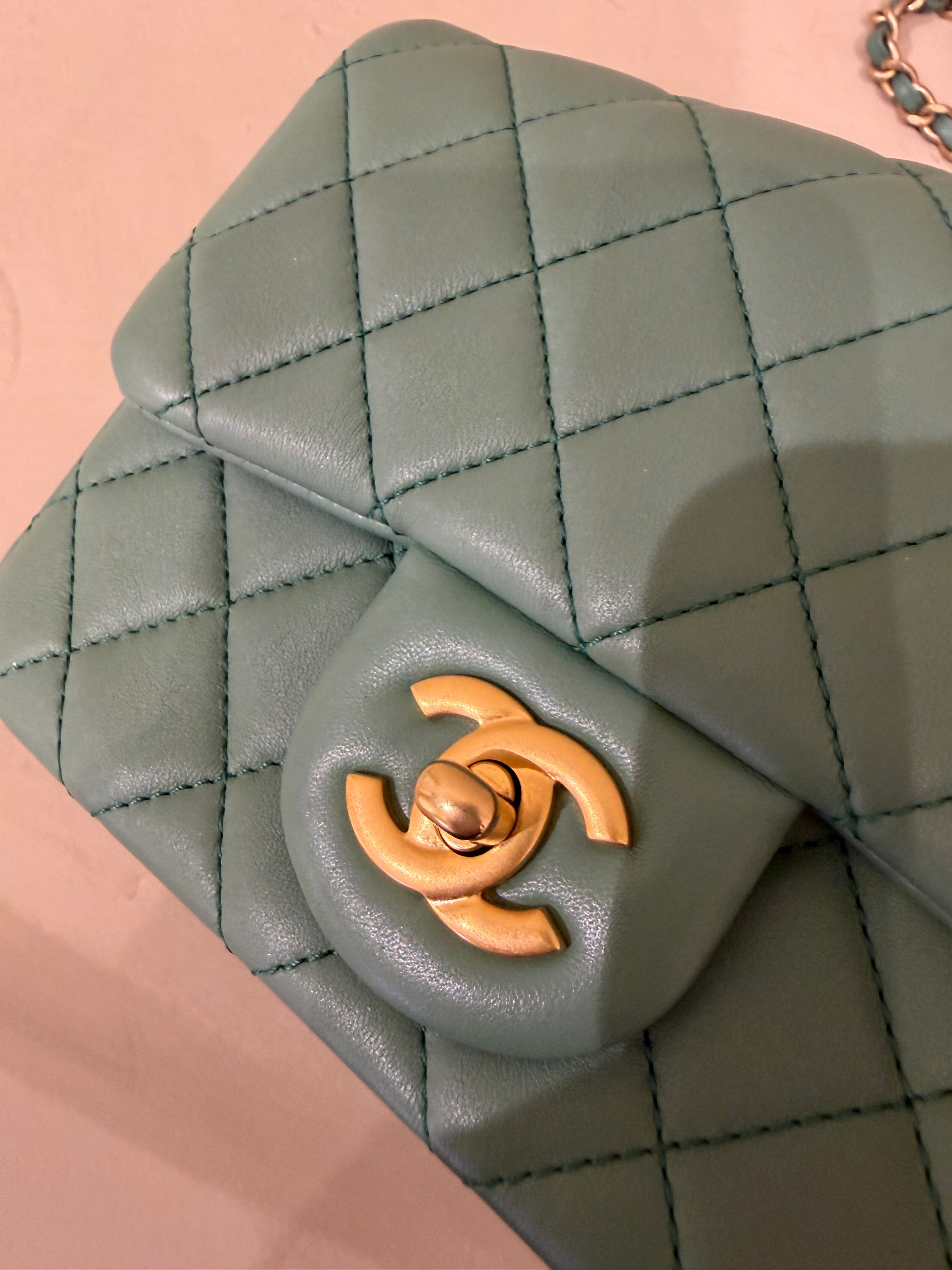 Chanel Mini Square Pearl Crush | Green Lambskin | Brushed Gold Hardware | Microchip | Excellent