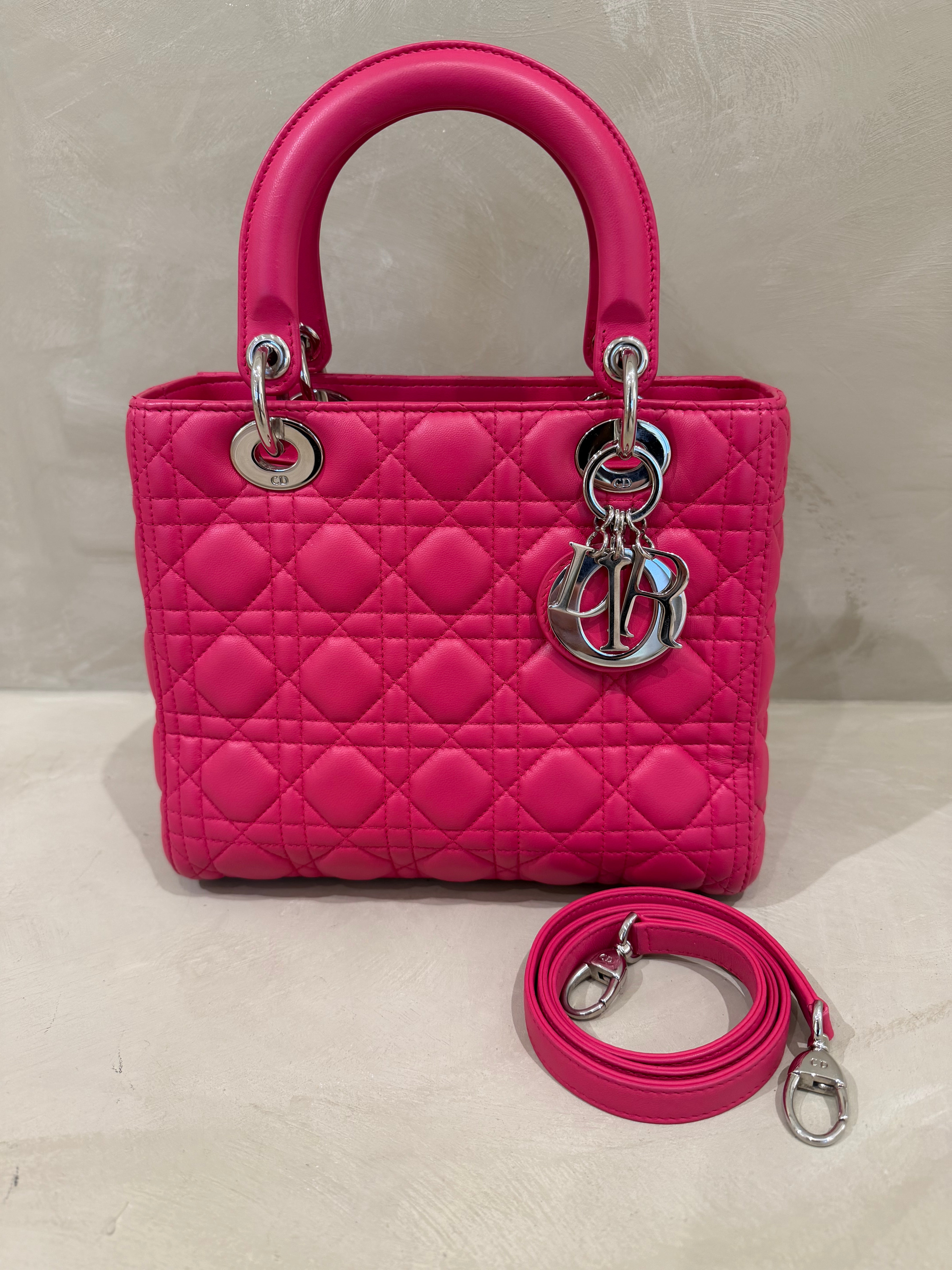 Dior Lady Dior | Medium | Fuchsia Pink Lambskin | Silver Hardware | Excellent