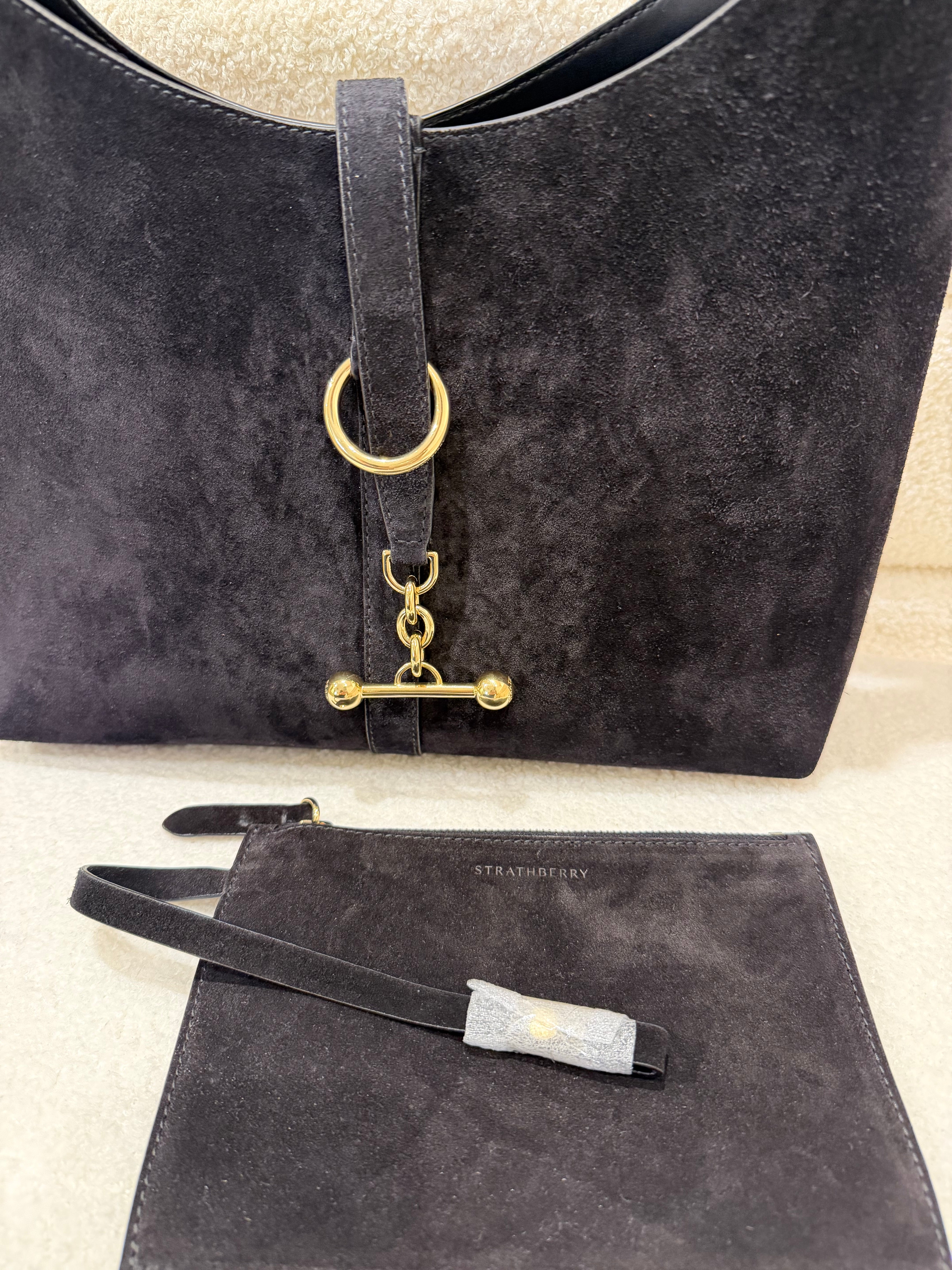 Strathberry Kite Black Suede Tote / Hobo Shoulder Bag with Gold Hardware