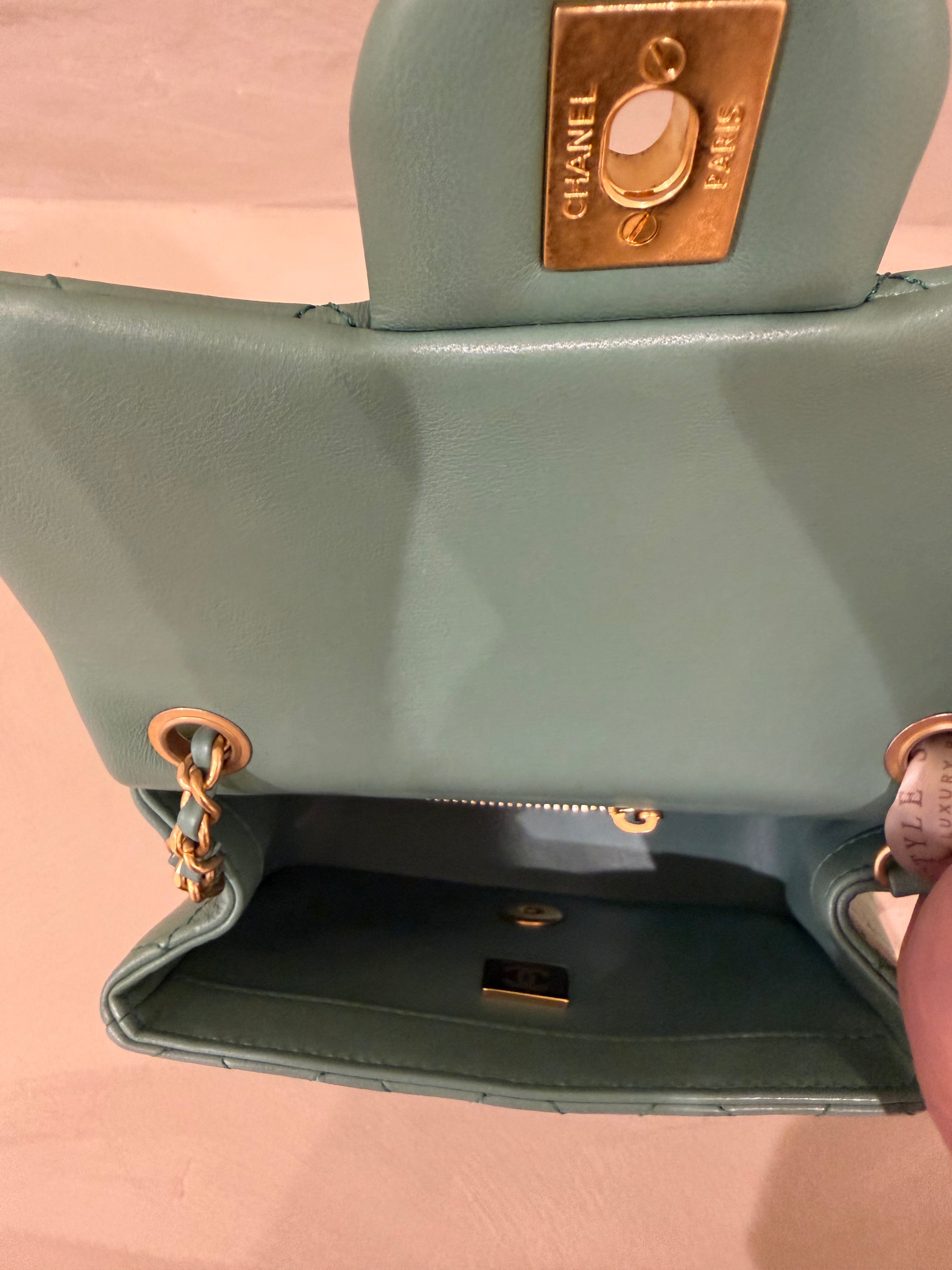 Chanel Mini Square Pearl Crush | Green Lambskin | Brushed Gold Hardware | Microchip | Excellent