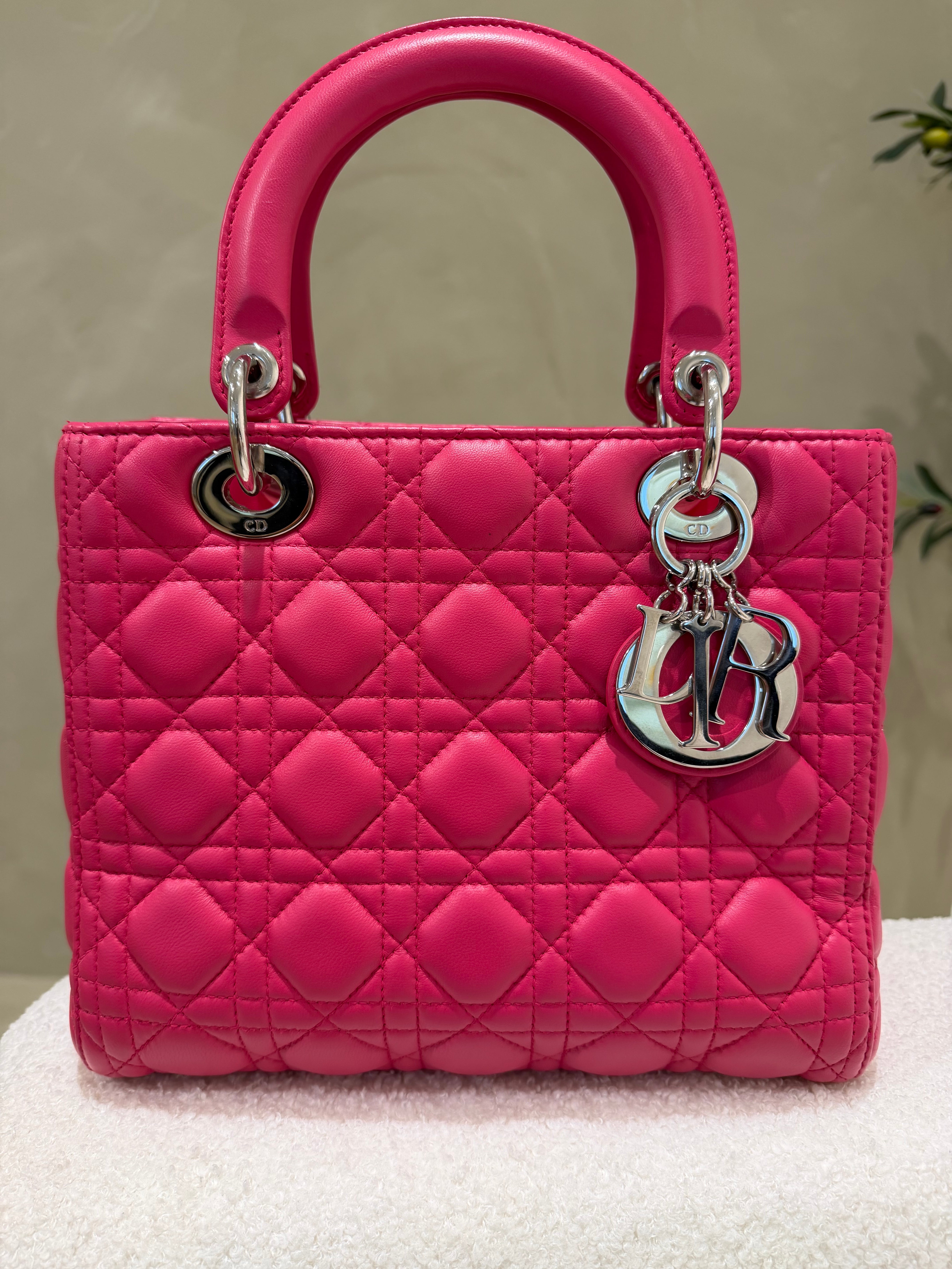 Dior Lady Dior | Medium | Fuchsia Pink Lambskin | Silver Hardware | Excellent