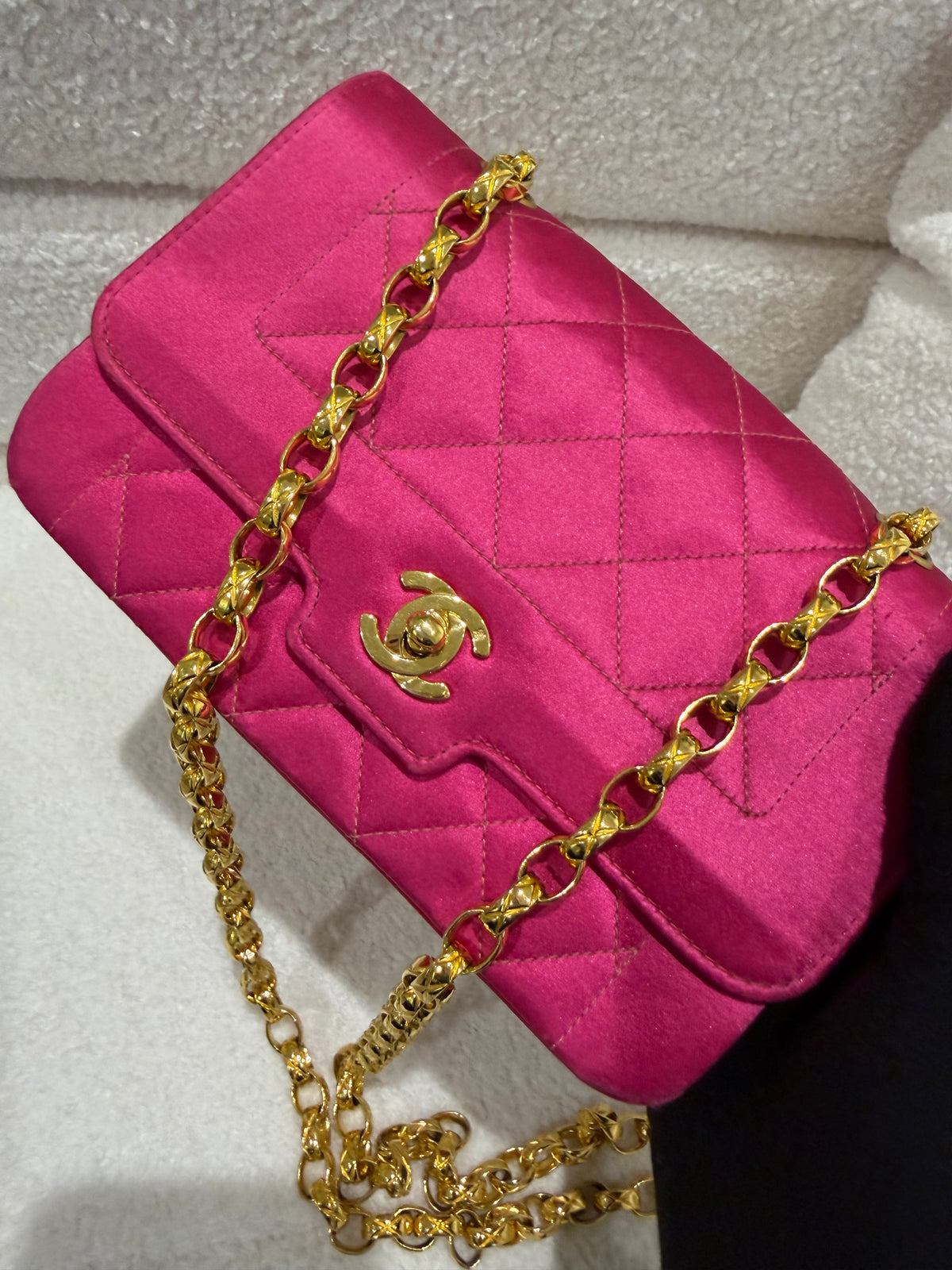 Chanel Pink Satin Quilted Flap Bag Gold Hardware |
