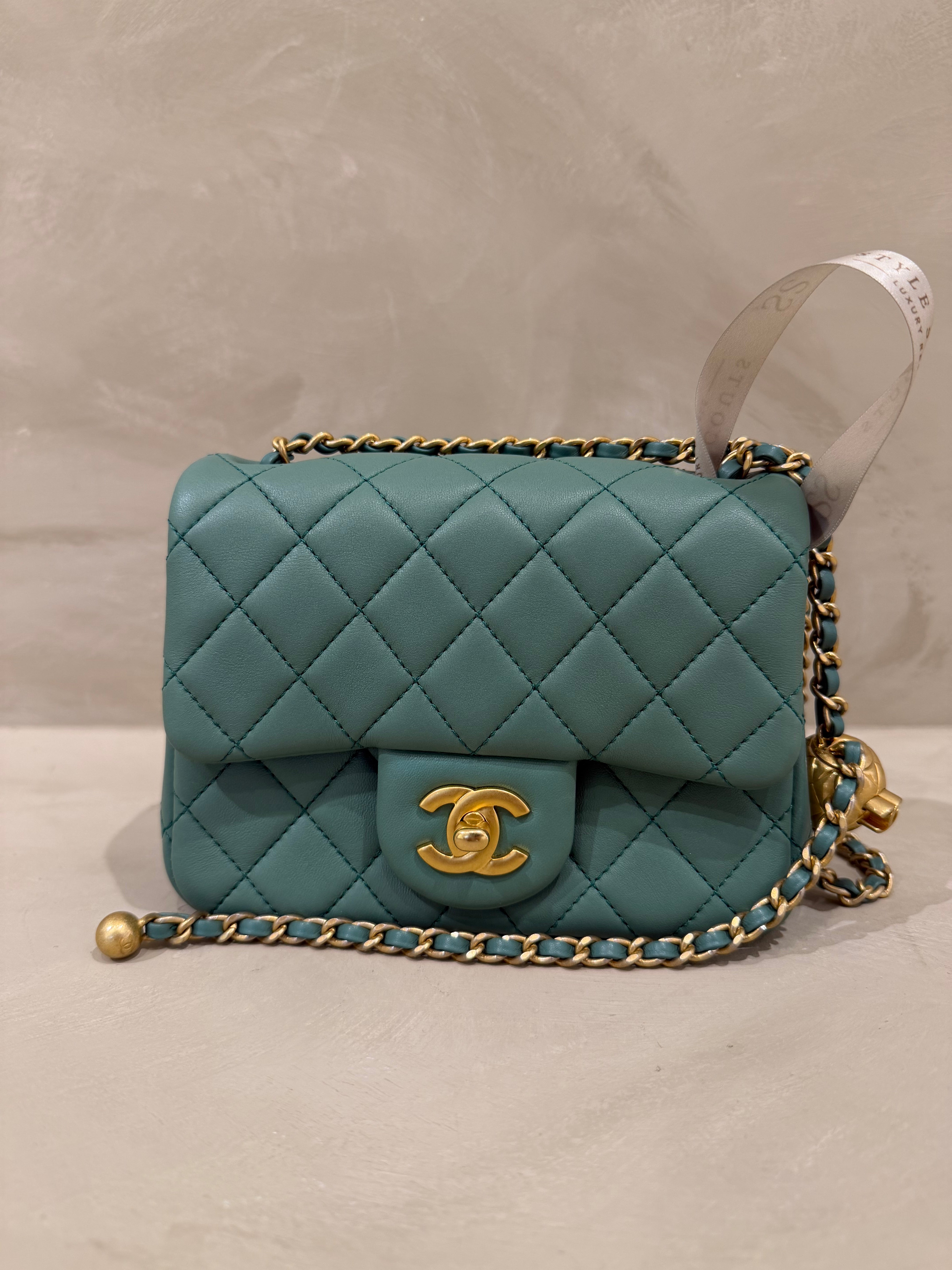 Chanel Mini Square Pearl Crush | Green Lambskin | Brushed Gold Hardware | Microchip | Excellent