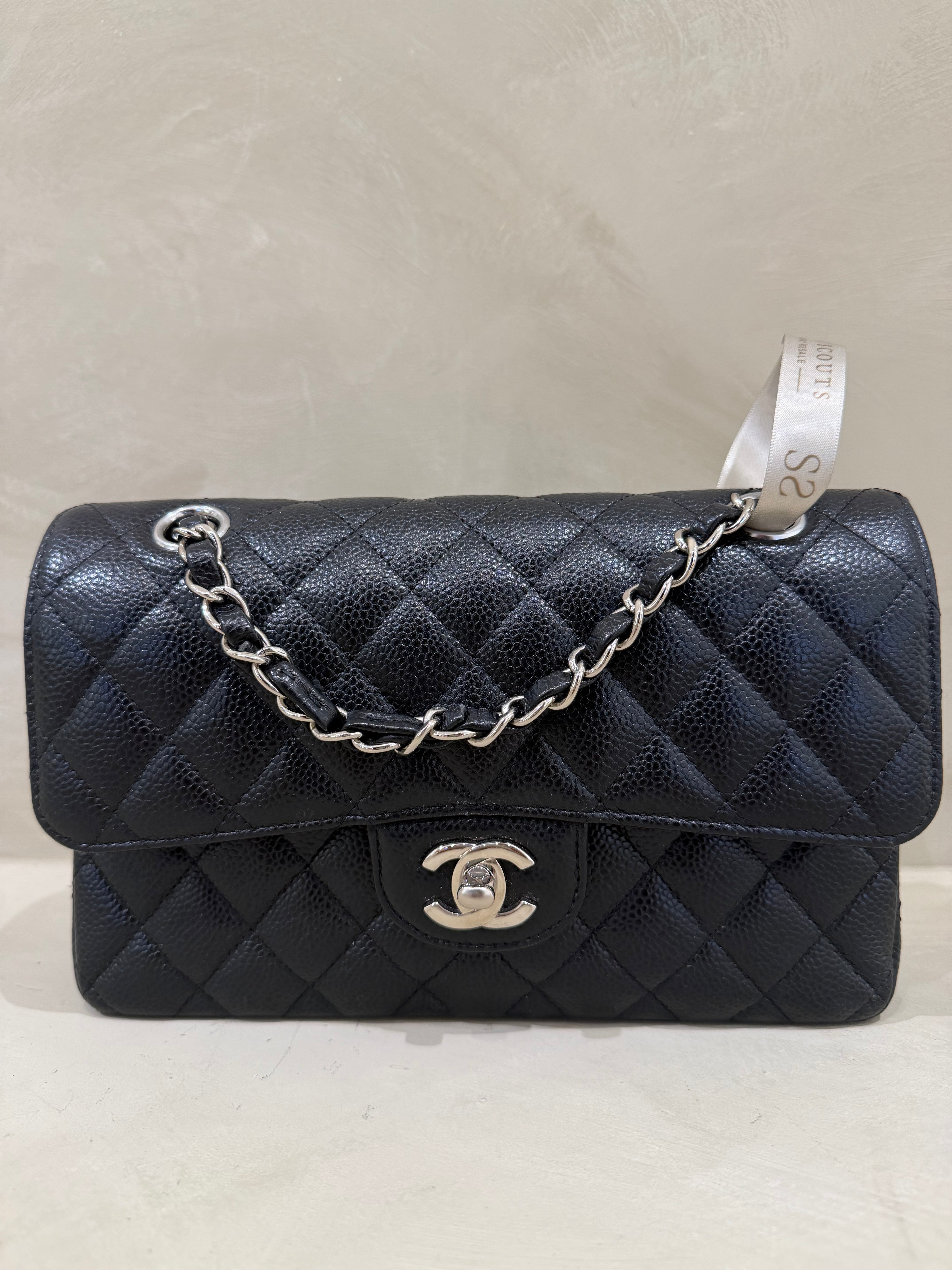 Chanel Small Classic Flap 23cm black caviar leather bag with silver hardware
