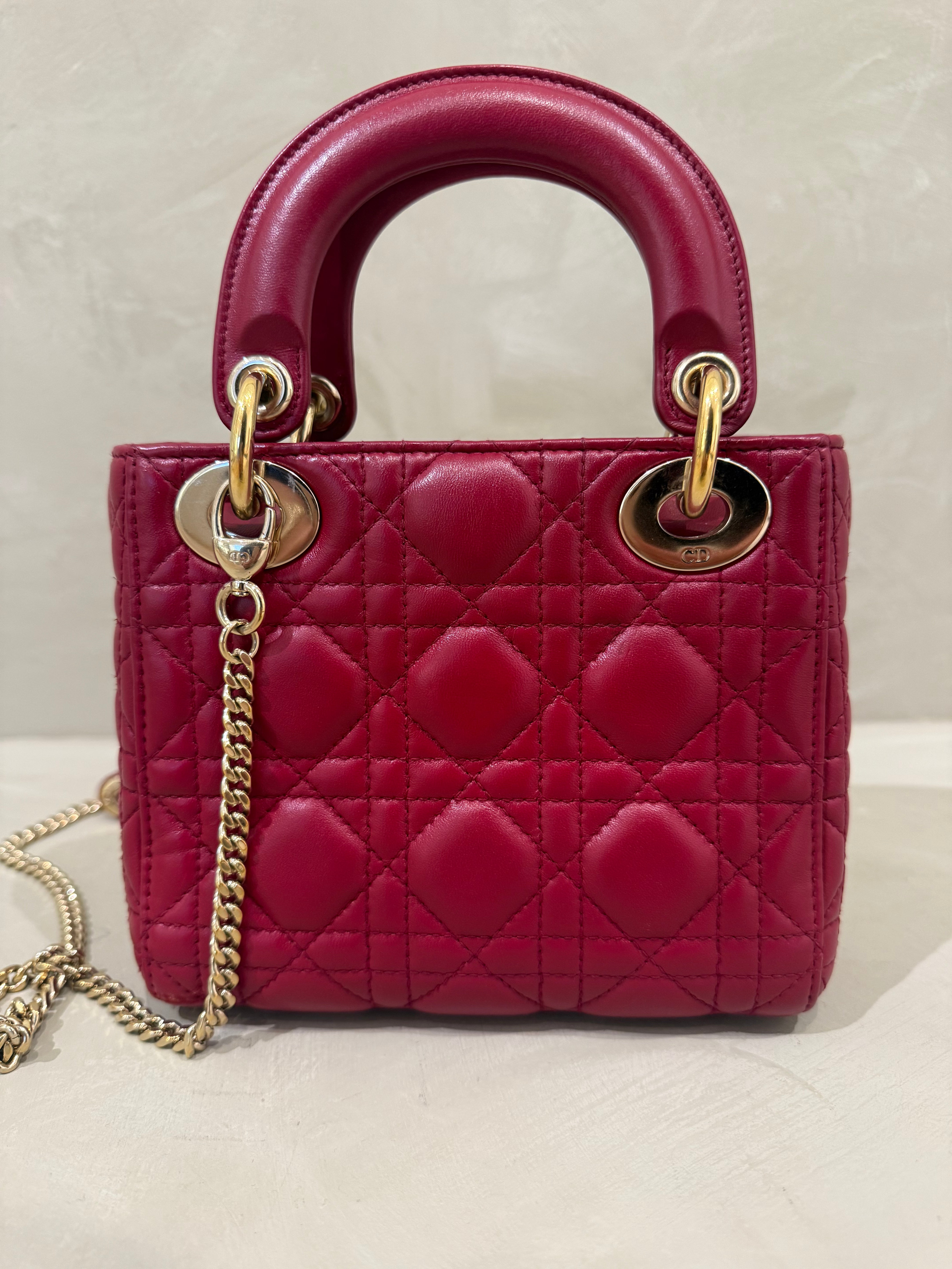Dior Lady Dior Mini | Deep Red Lambskin | Gold Hardware | Very Good