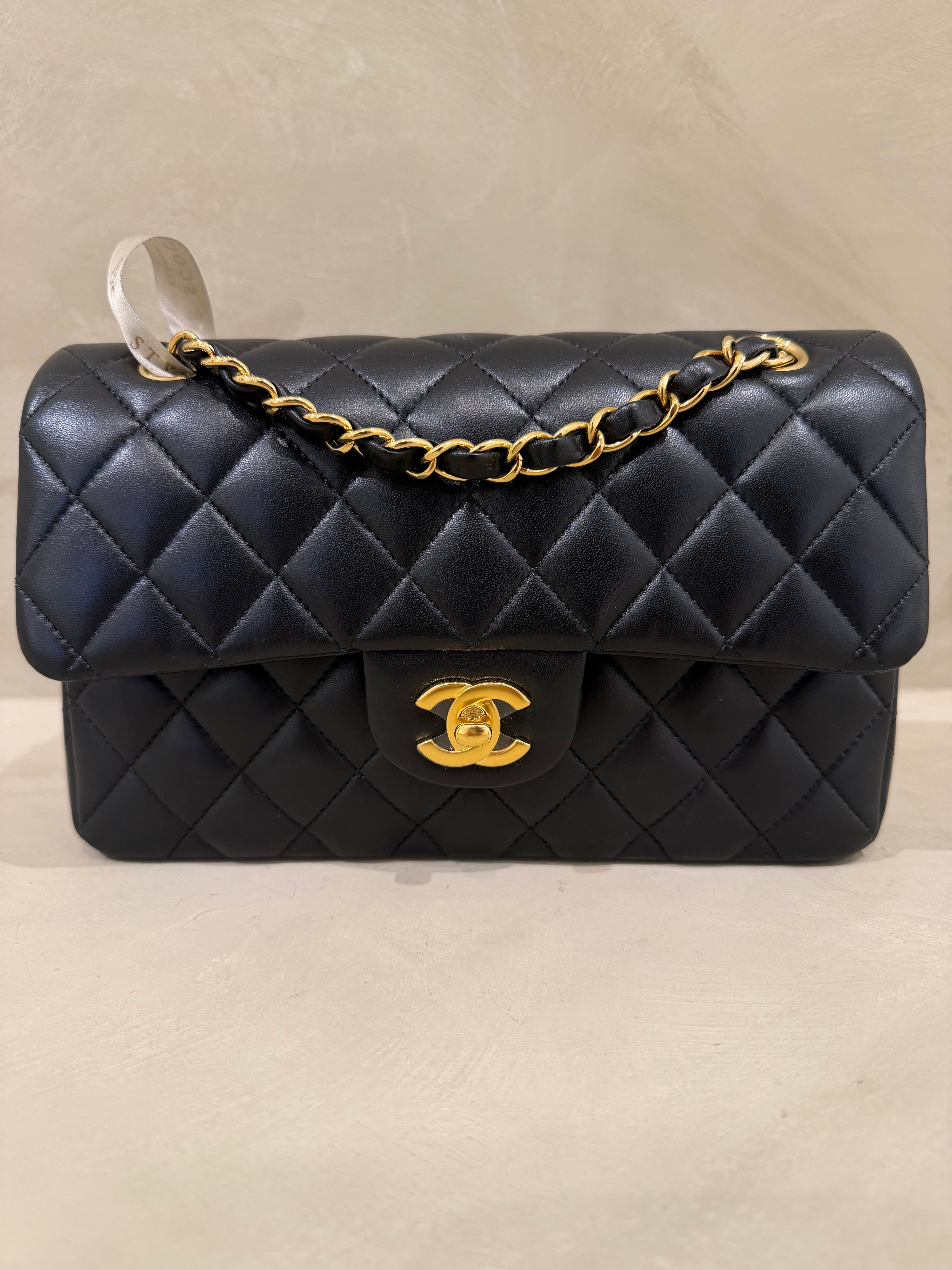 Chanel Classic Flap Small 23cm black lambskin leather handbag with gold hardware pristine condition