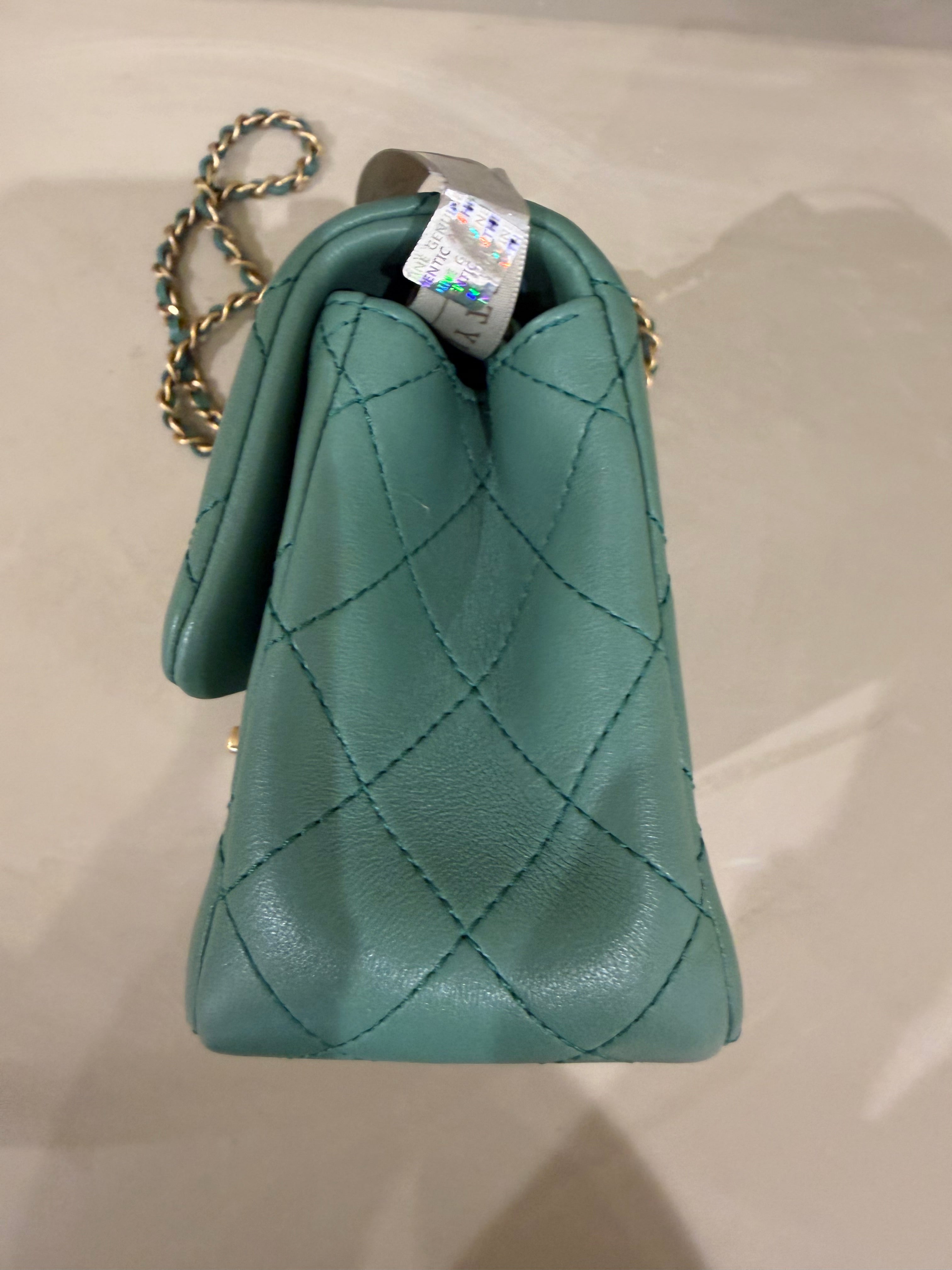 Chanel Mini Square Pearl Crush | Green Lambskin | Brushed Gold Hardware | Microchip | Excellent