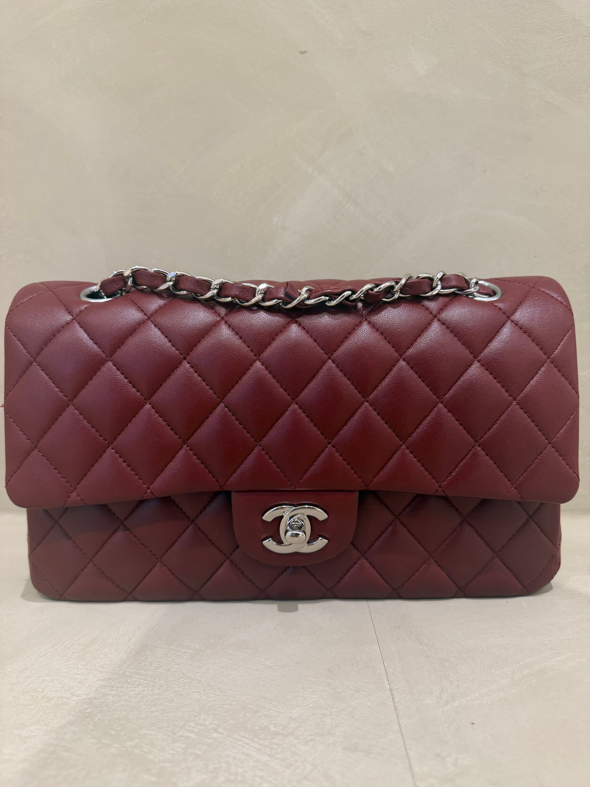 Chanel Classic Flap | Medium | Burgundy Lambskin | Silver Hardware | Excellent