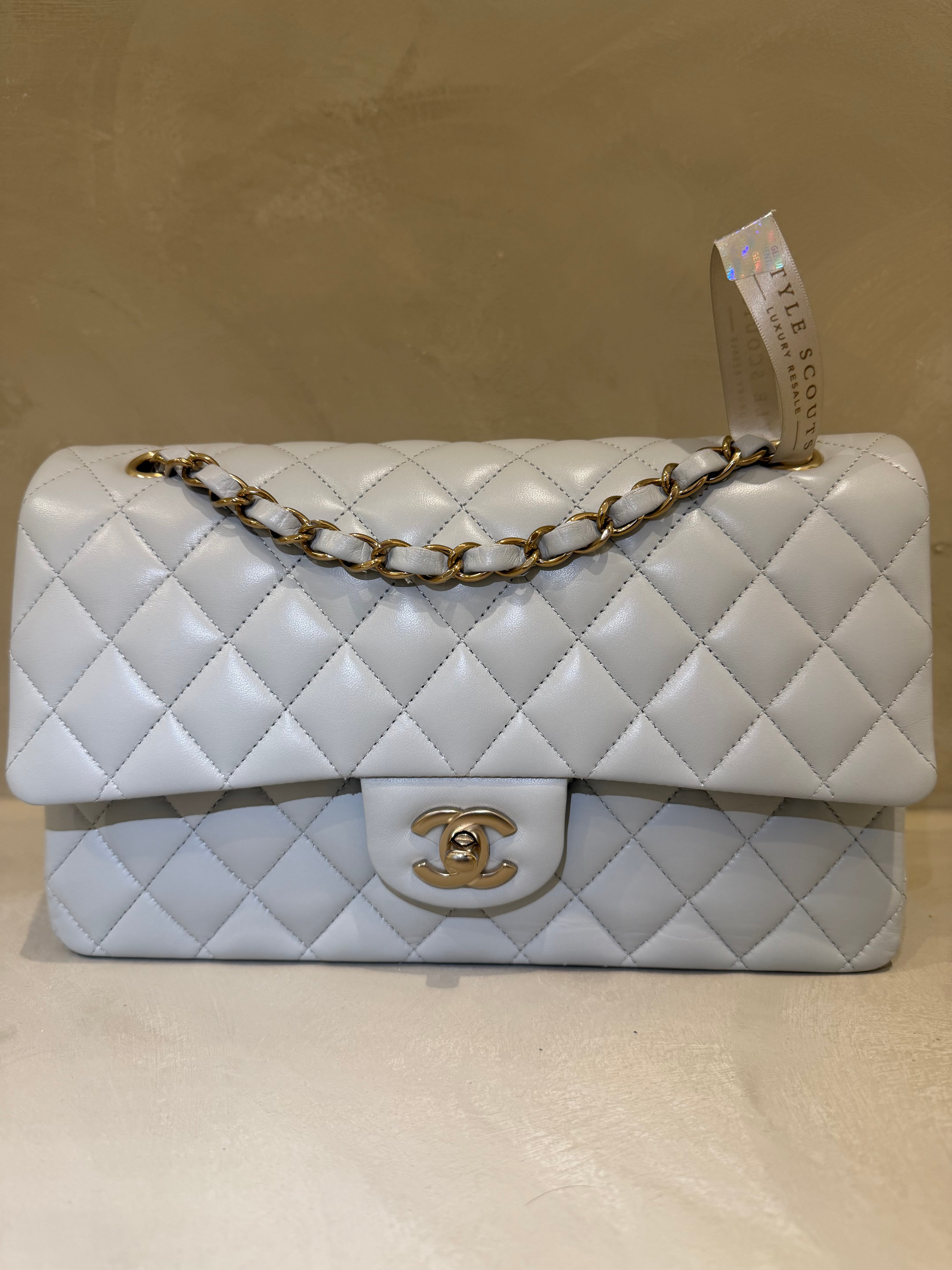 Chanel Medium Classic Flap | Blue/Grey Lambskin | Champagne Gold Hardware | Microchip | Pristine