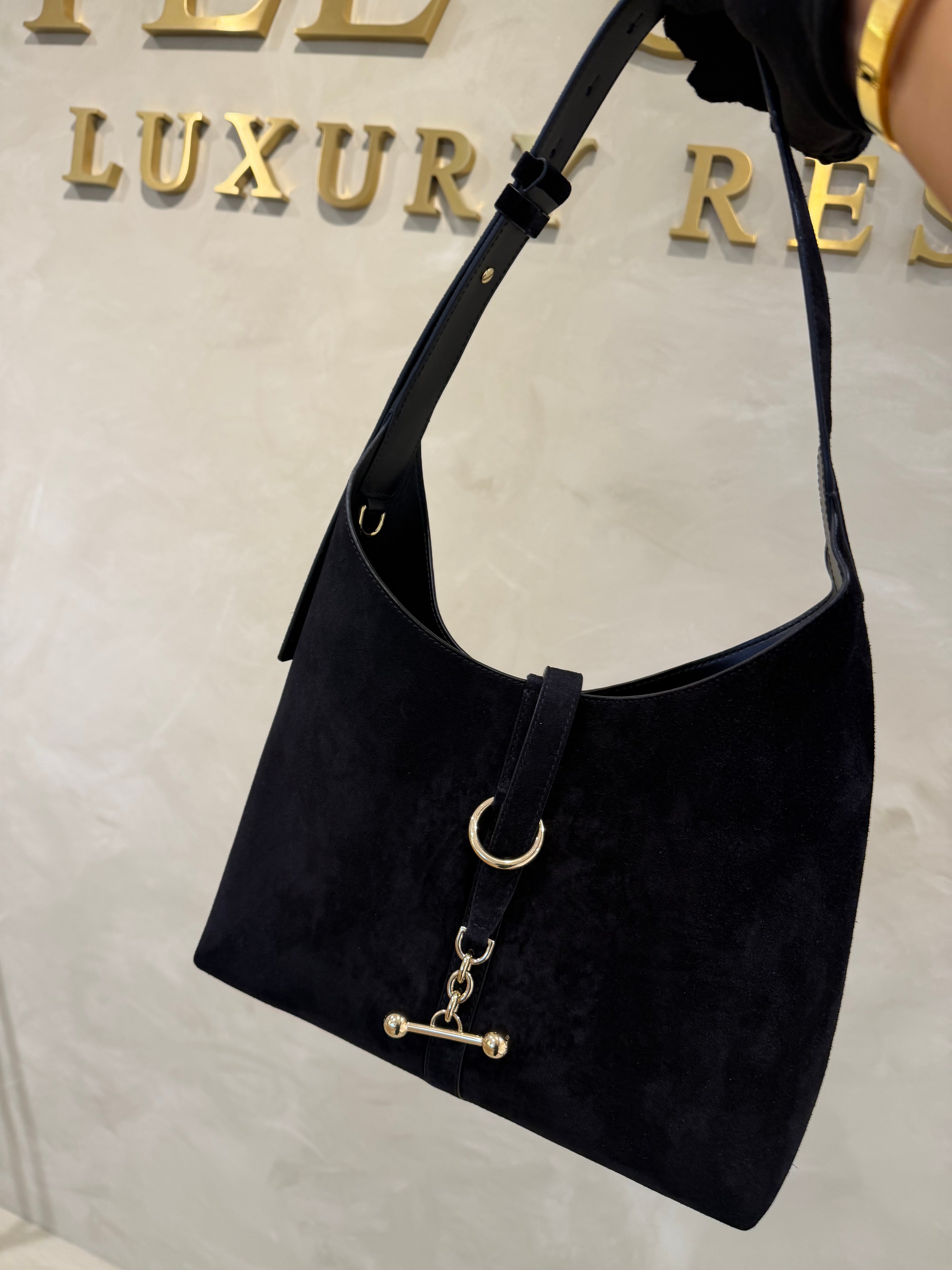 Strathberry Kite Black Suede Tote / Hobo Shoulder Bag with Gold Hardware