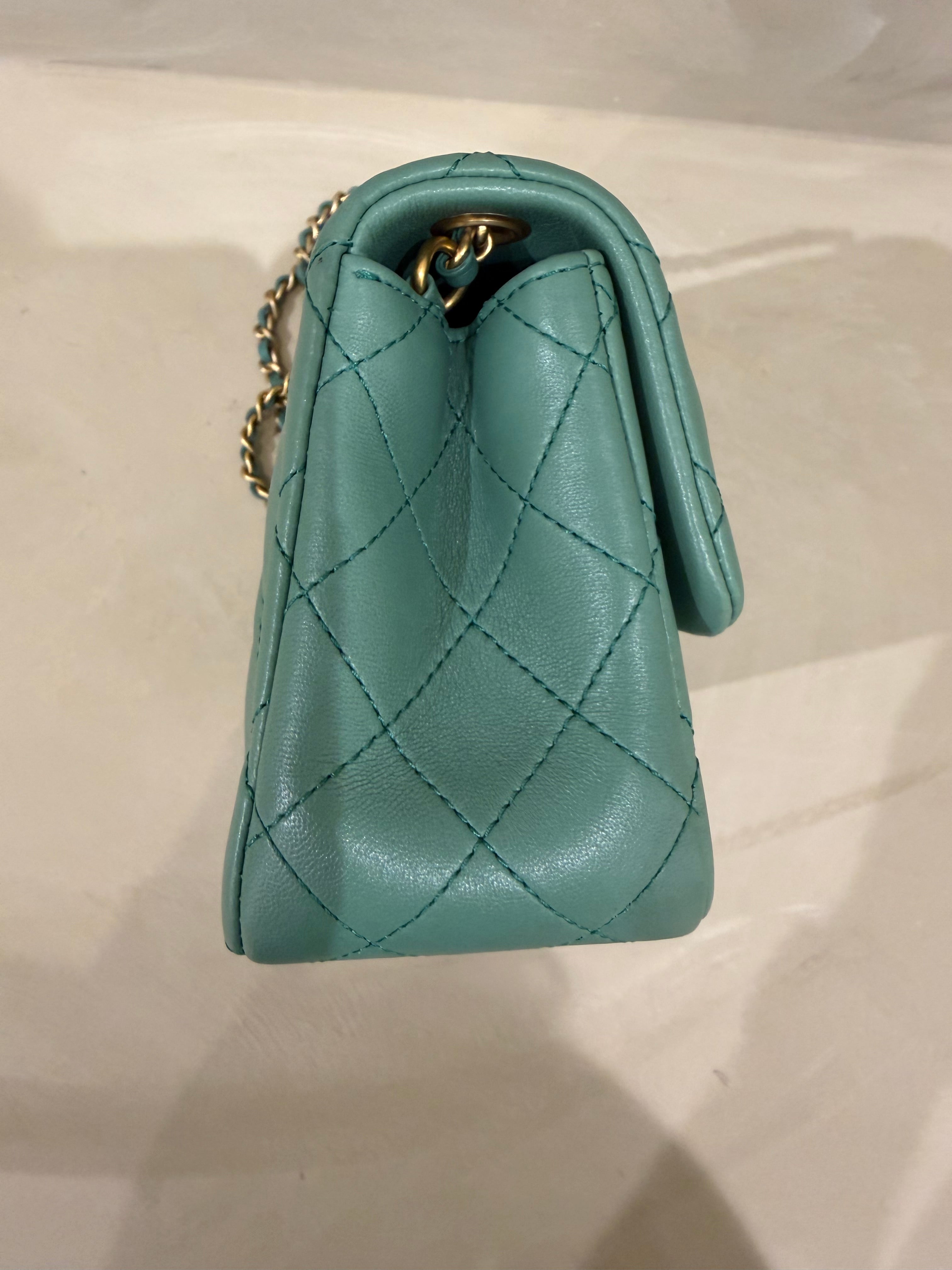Chanel Mini Square Pearl Crush | Green Lambskin | Brushed Gold Hardware | Microchip | Excellent