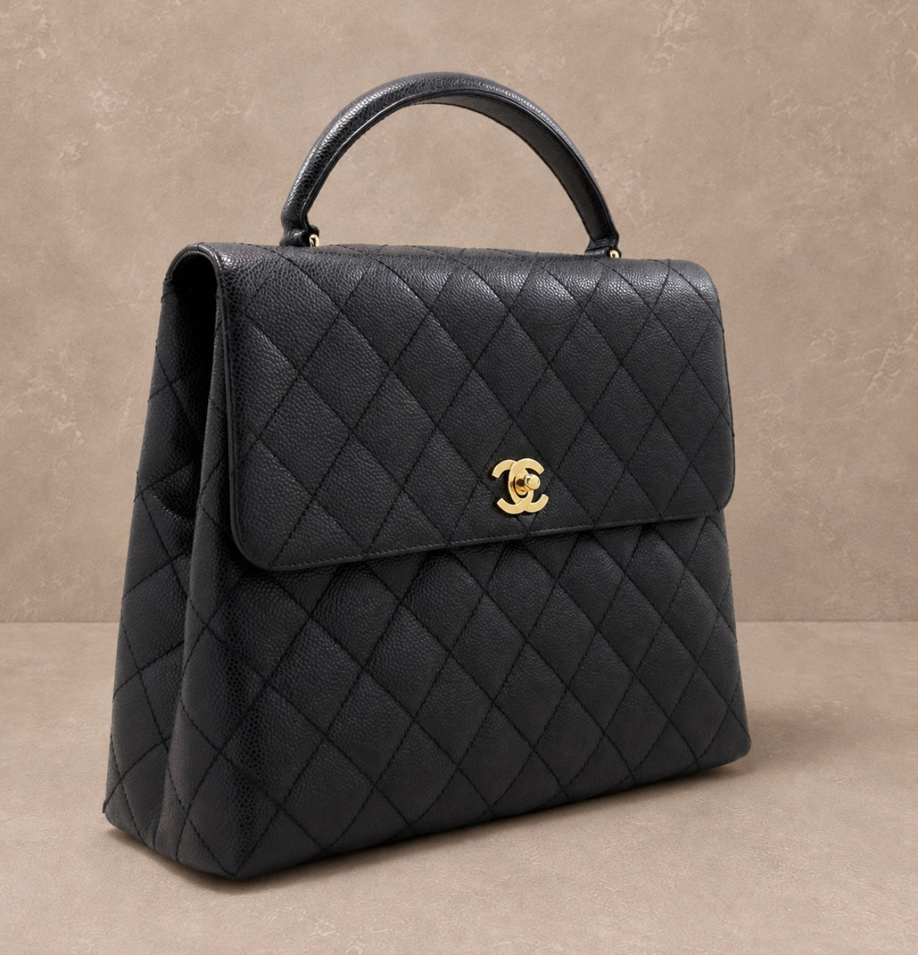 Chanel Vintage Kelly Top Handle | Black Caviar Leather | 24K Gold Hardware | Excellent