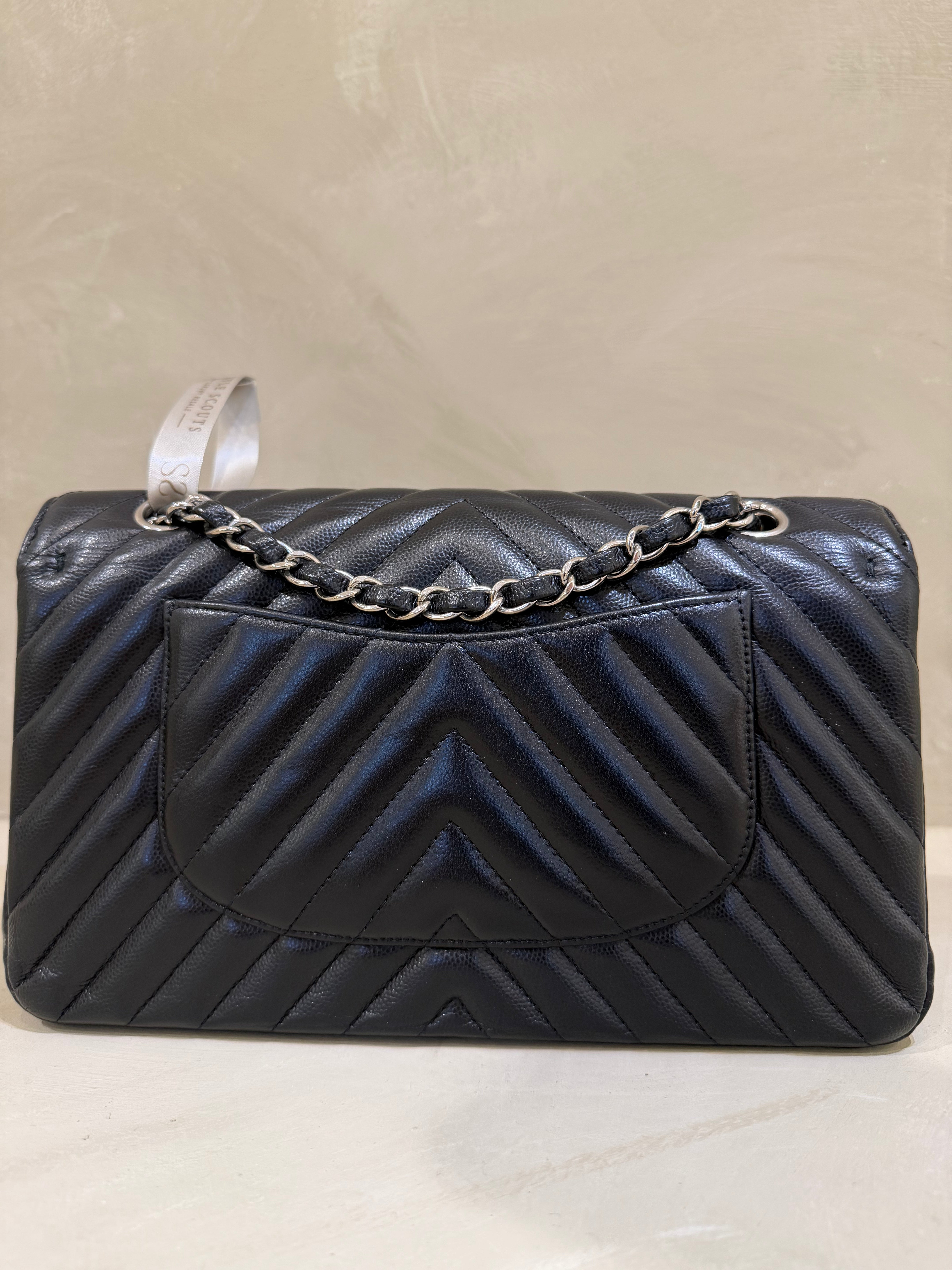 Chanel Medium Classic Flap Chevron | Black Caviar | Silver Hardware | Excellent