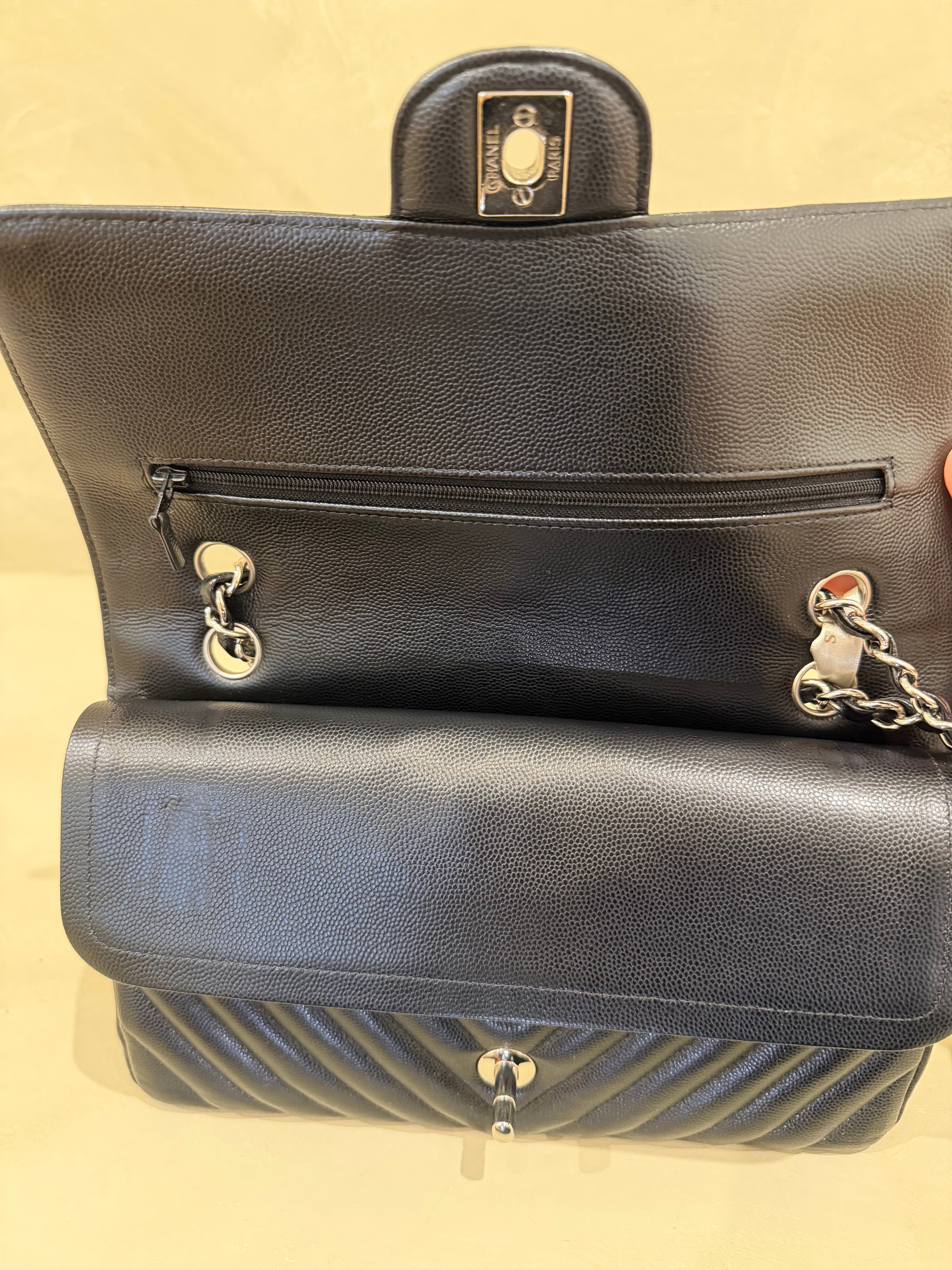 Chanel Medium Classic Flap Chevron | Black Caviar | Silver Hardware | Excellent