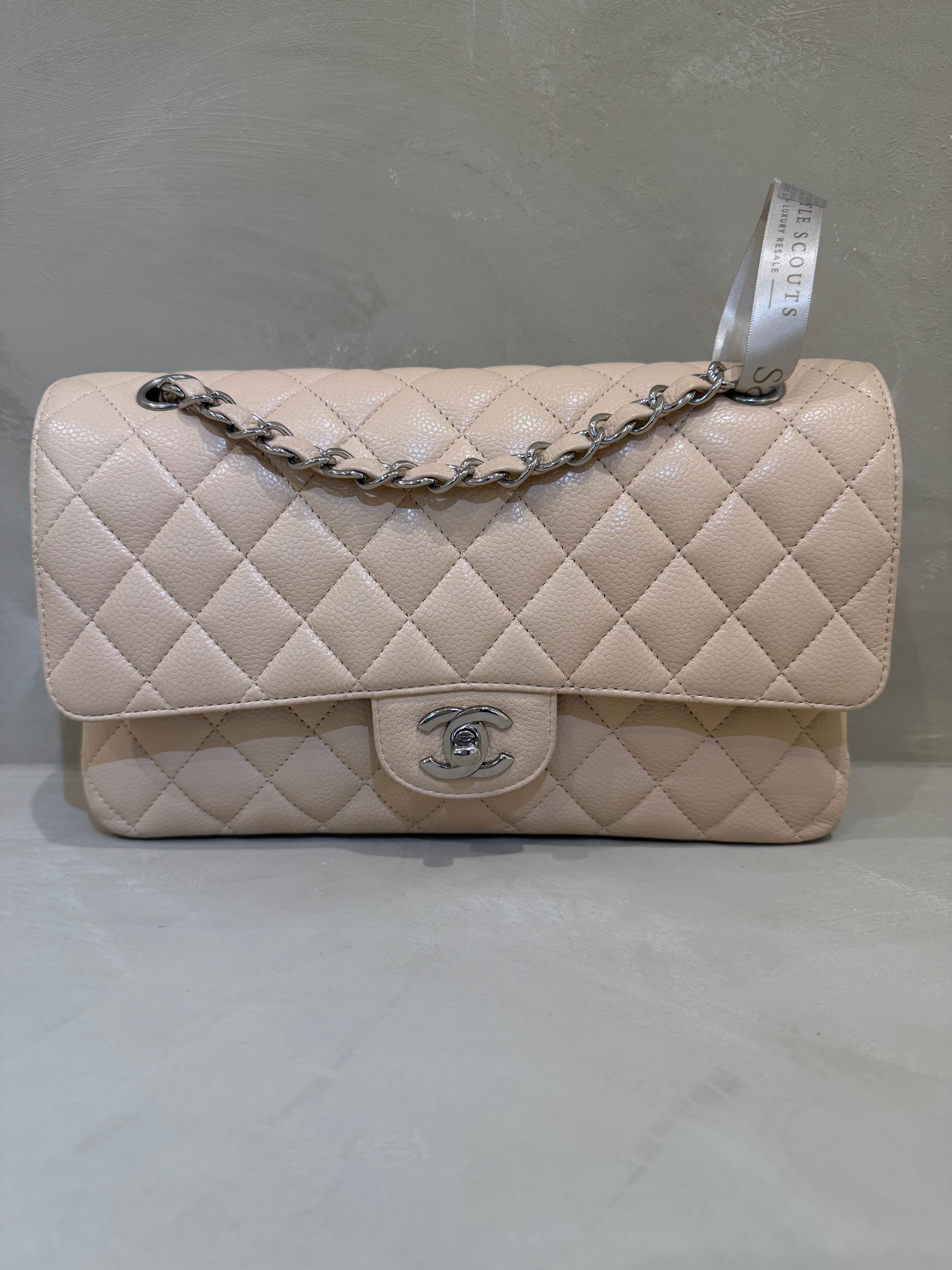 Chanel Medium Classic Flap | Beige Caviar | Silver Hardware | Excellent