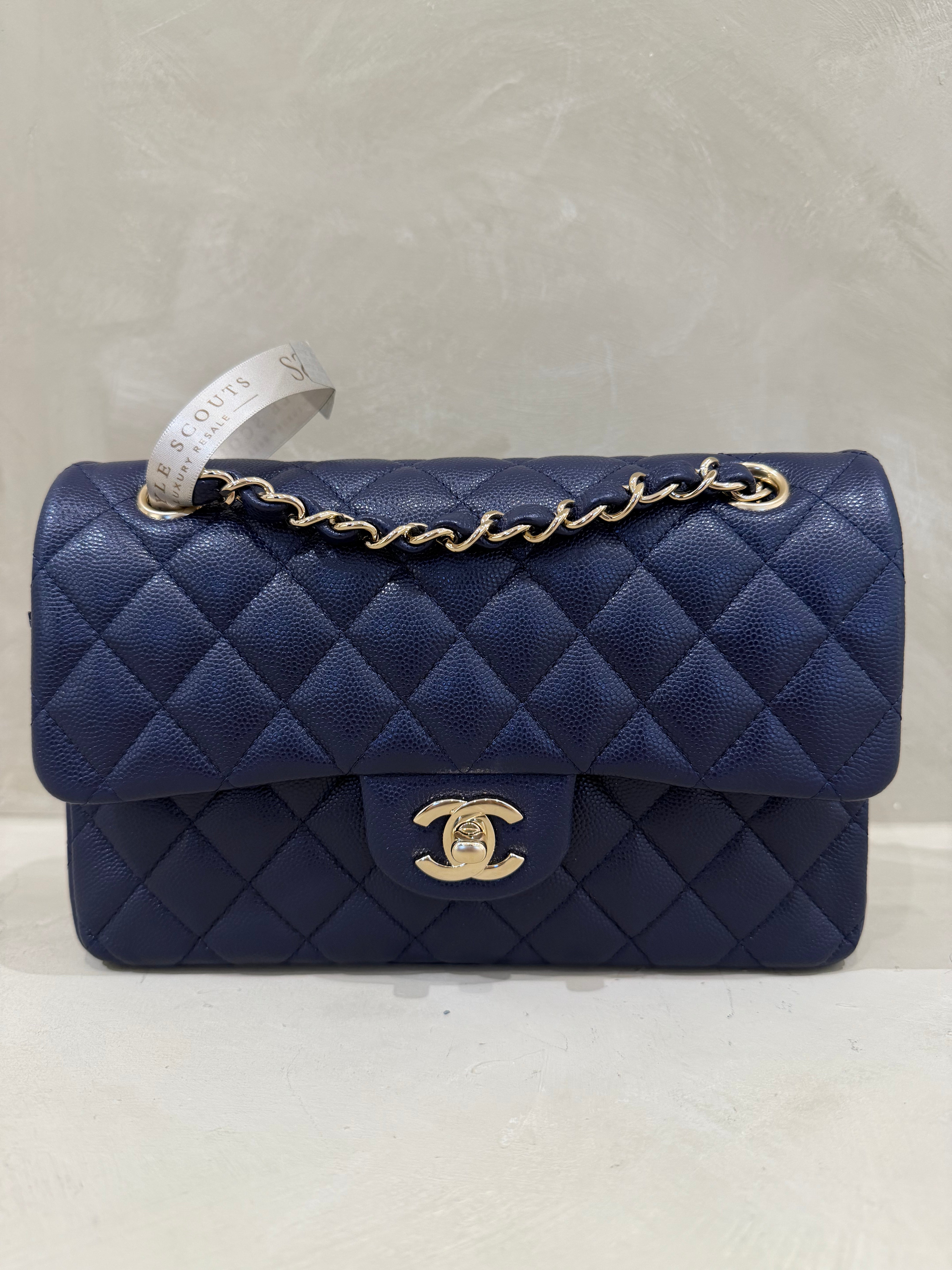 Chanel Small Classic Flap | Navy Caviar | Champagne Gold Hardware | Series 31 | Excellent