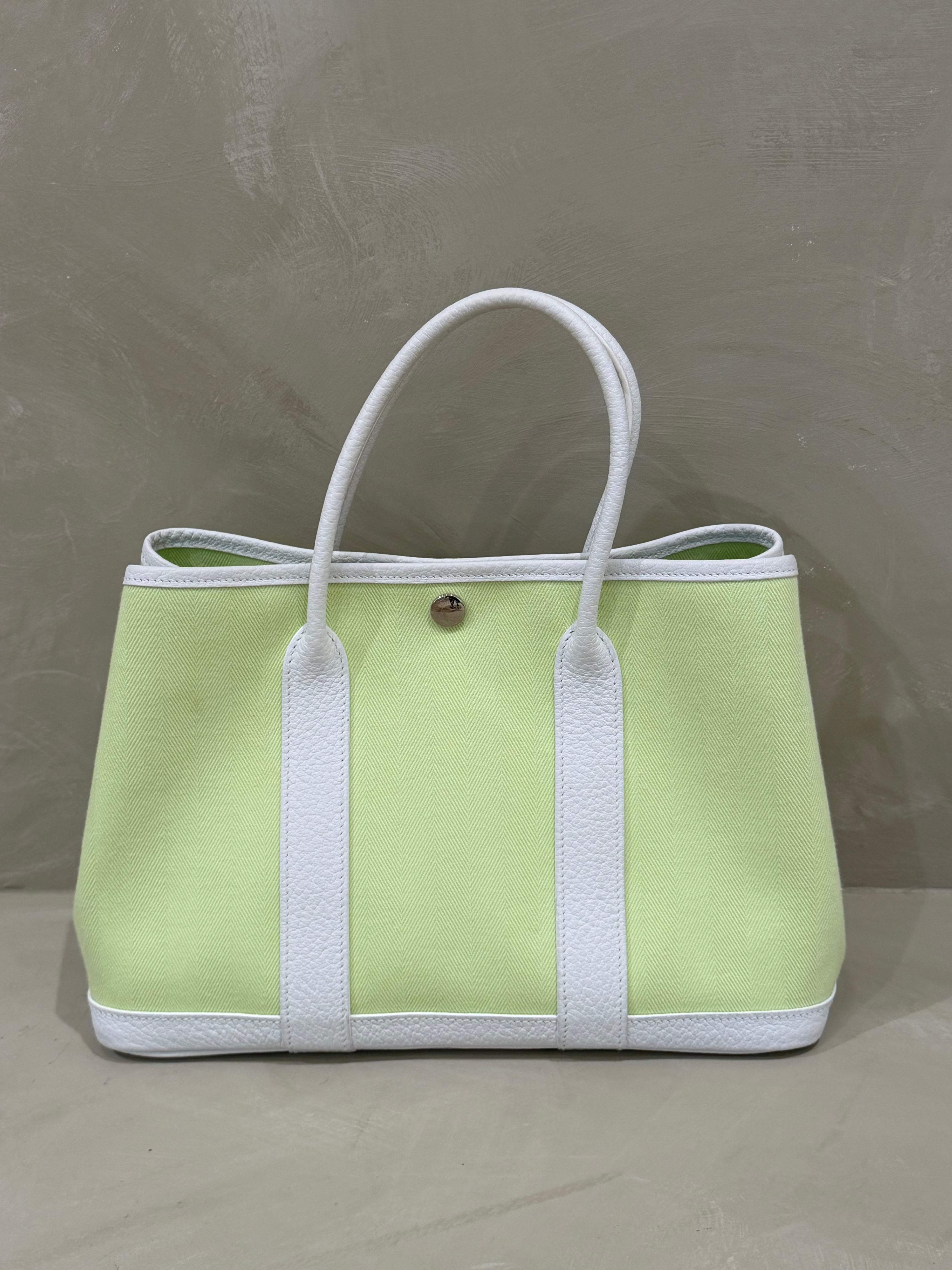 Hermes Garden Party bag in Jaune Borgeon and white canvas and leather with Square R stamp, excellent condition with box and dust bag