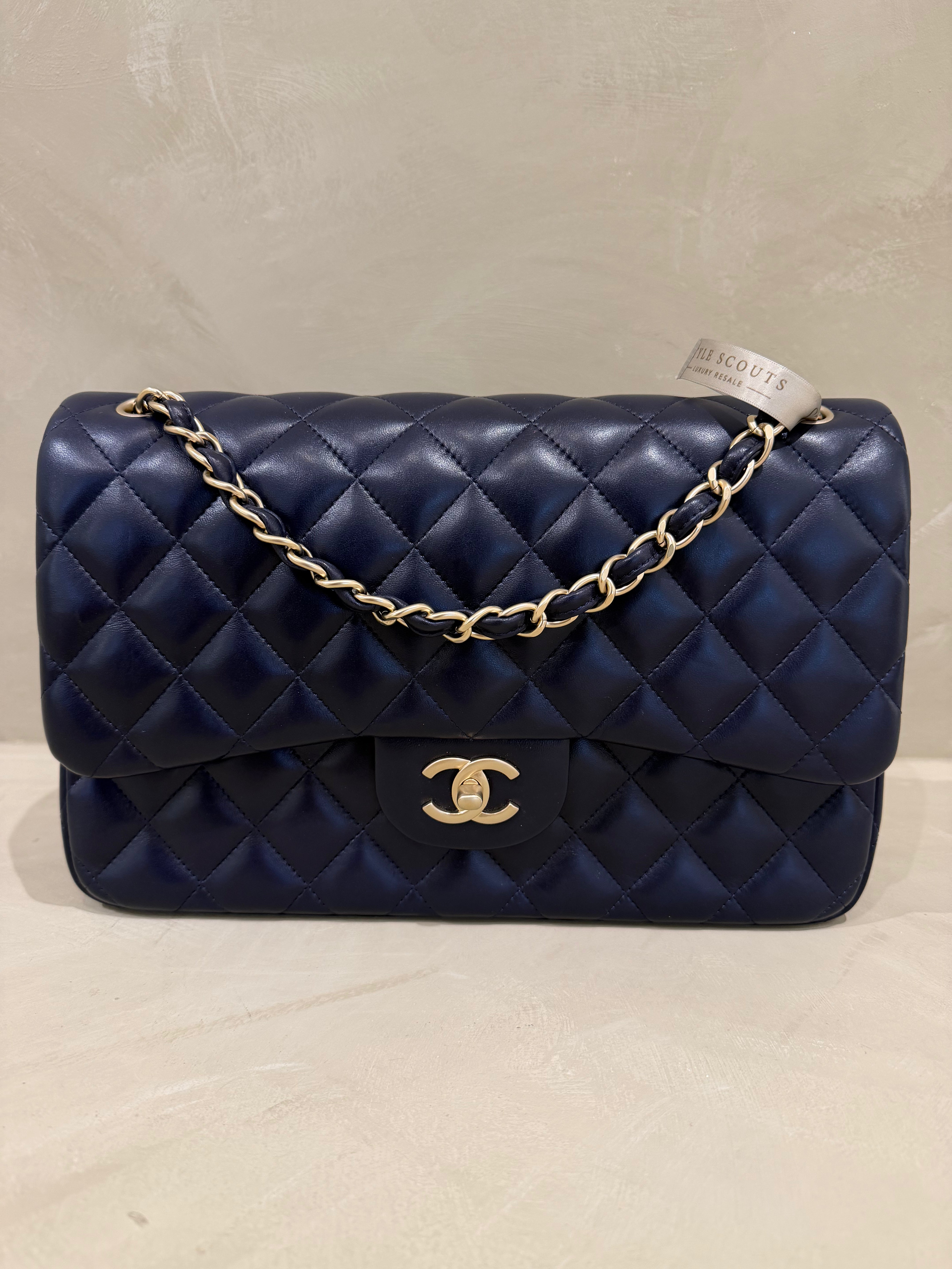 Chanel Jumbo Classic Flap | Navy Lambskin | Brushed Gold Hardware