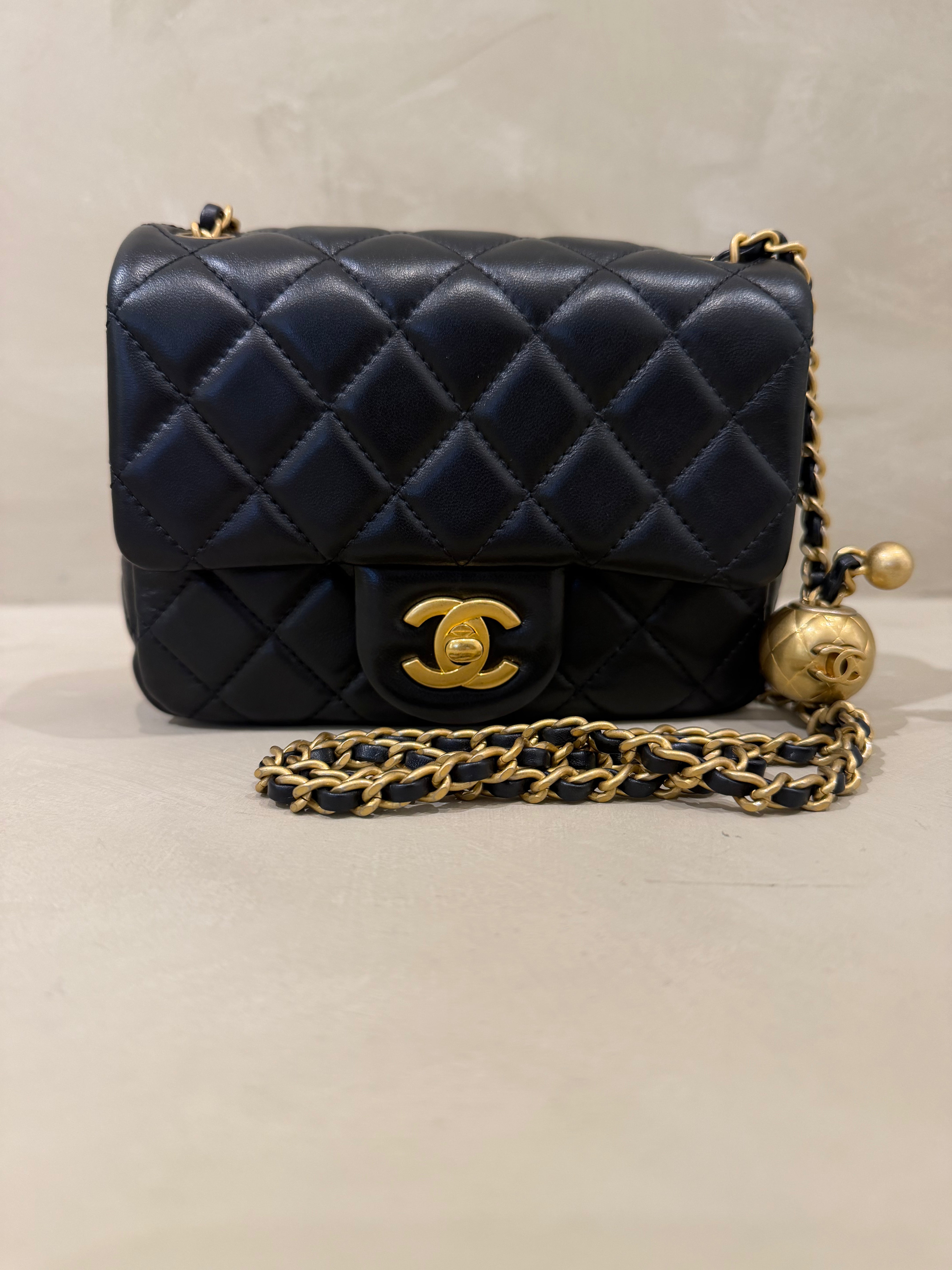 Chanel Mini Square Pearl Crush Black Lambskin Bag | Aged Gold Hardware | Microchipped
