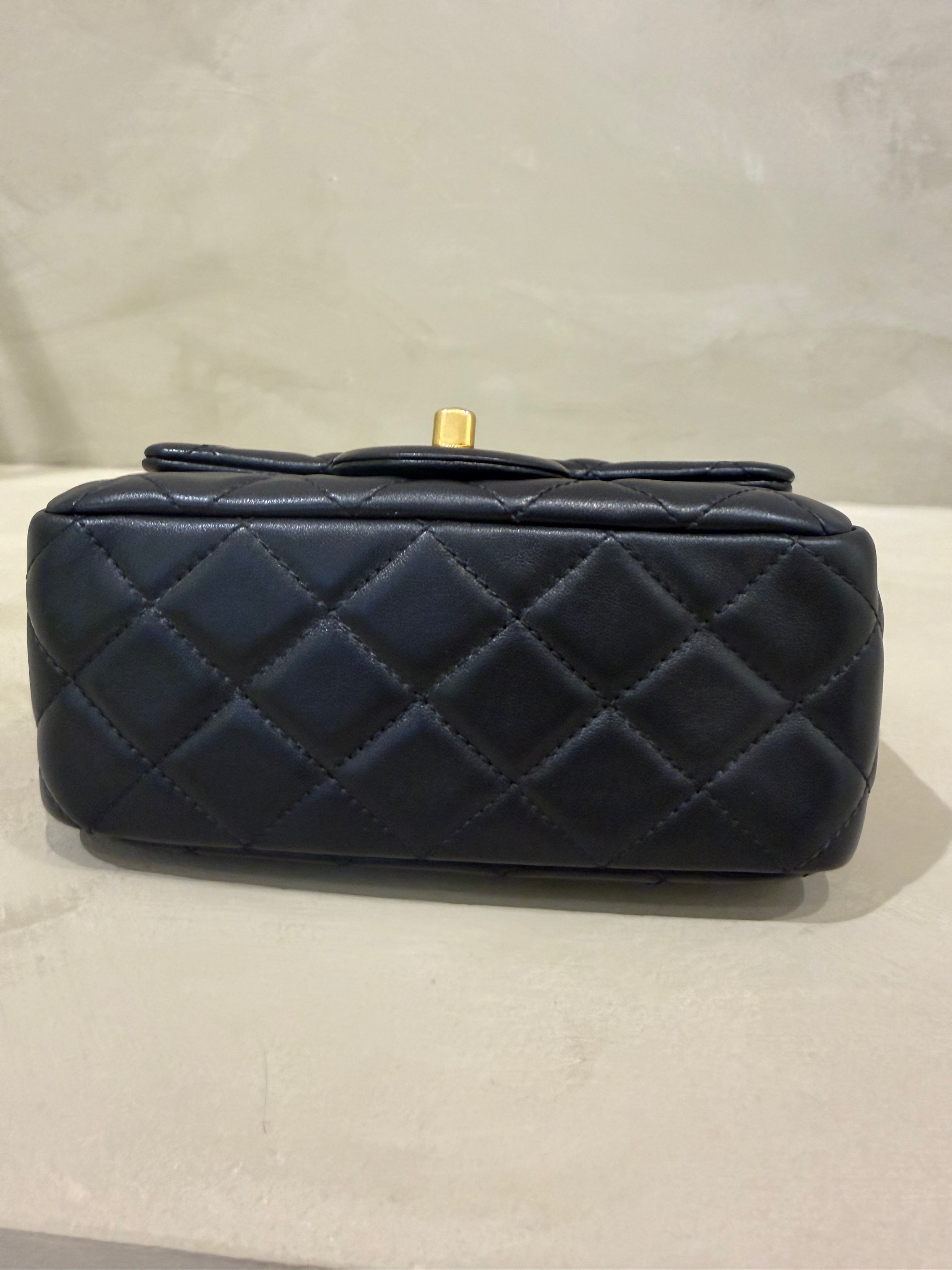 Chanel Mini Square Pearl Crush Black Lambskin Bag | Aged Gold Hardware | Microchipped