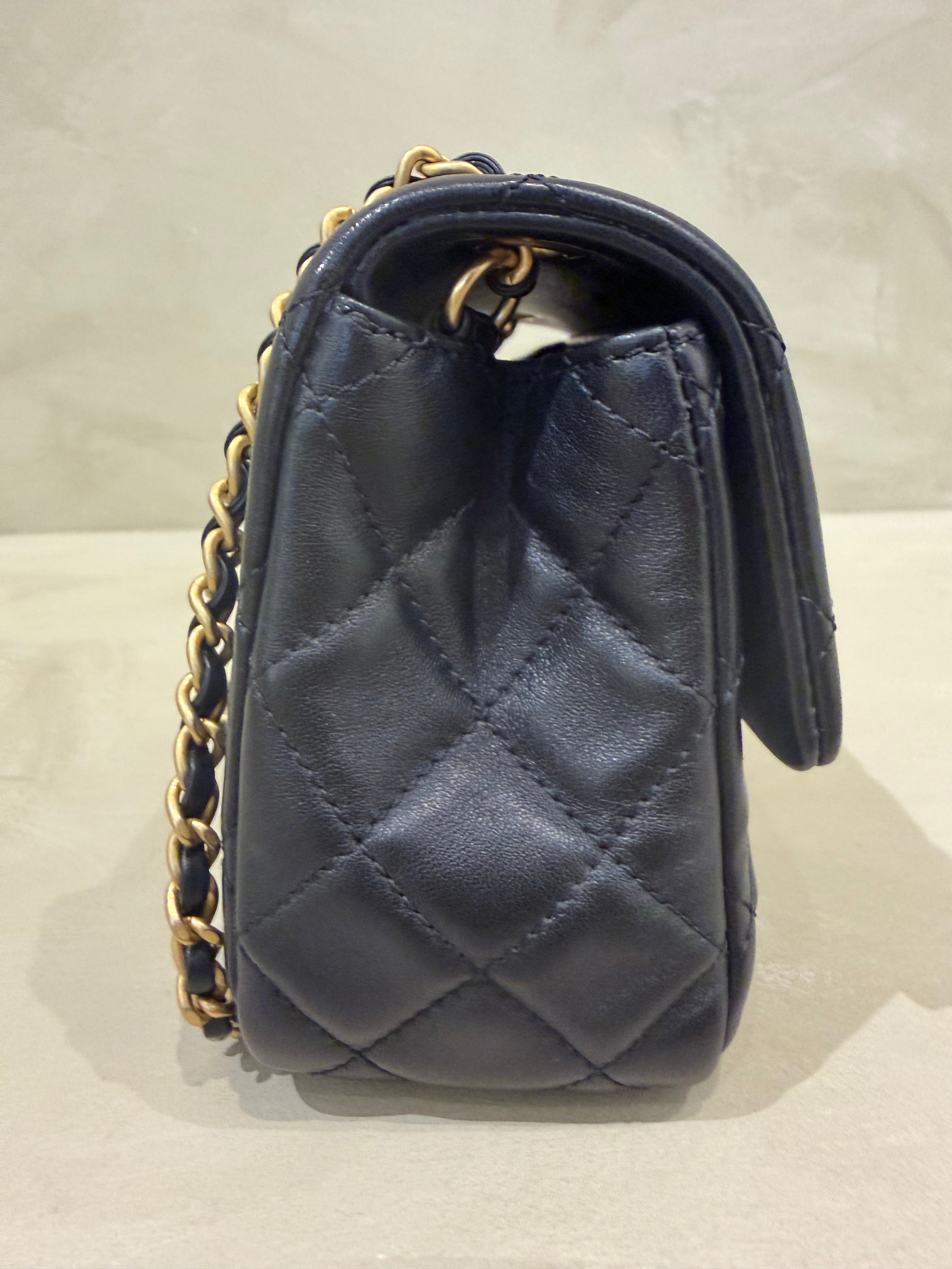 Chanel Mini Square Pearl Crush Black Lambskin Bag | Aged Gold Hardware | Microchipped