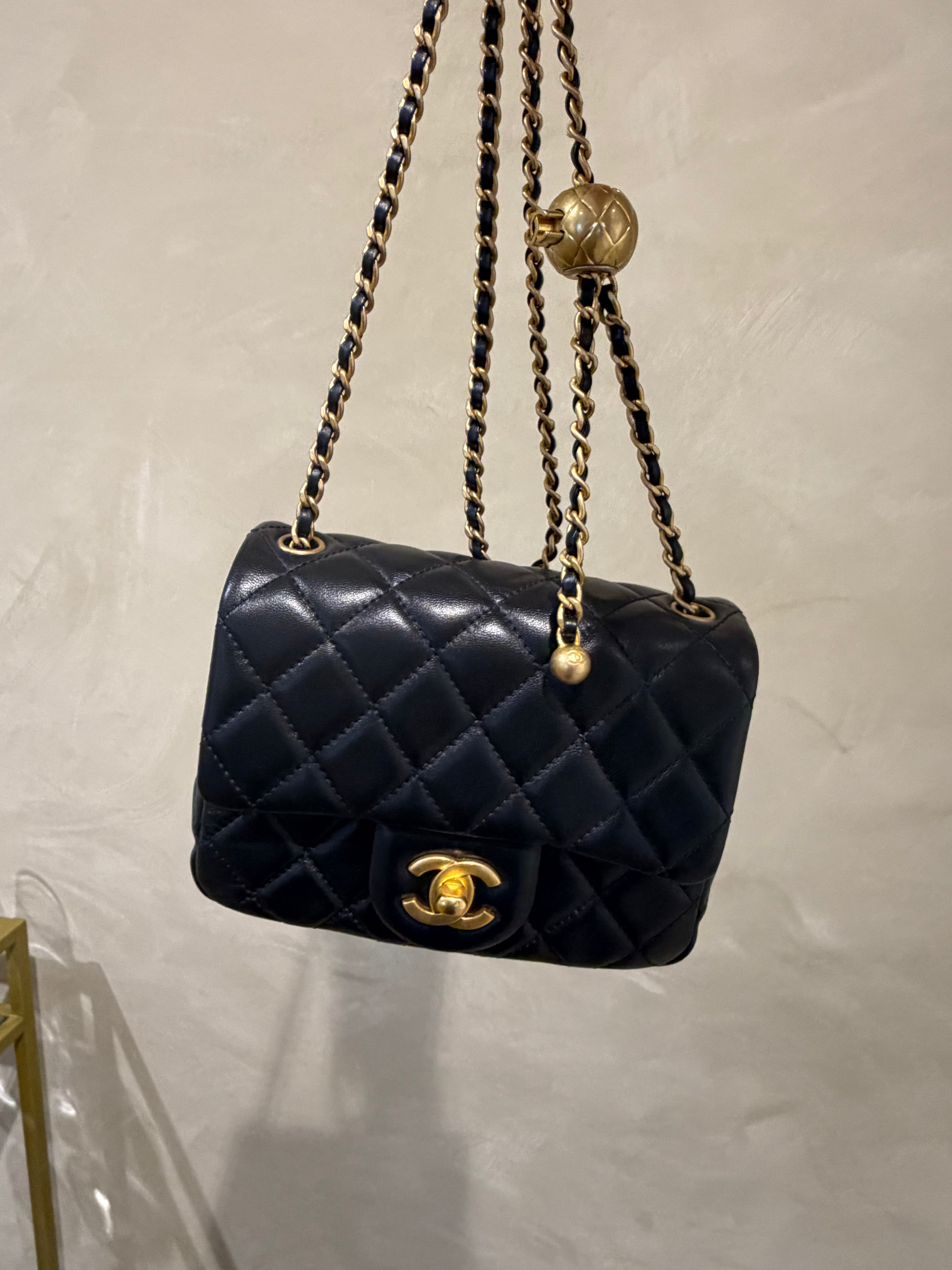 Chanel Mini Square Pearl Crush Black Lambskin Bag | Aged Gold Hardware | Microchipped