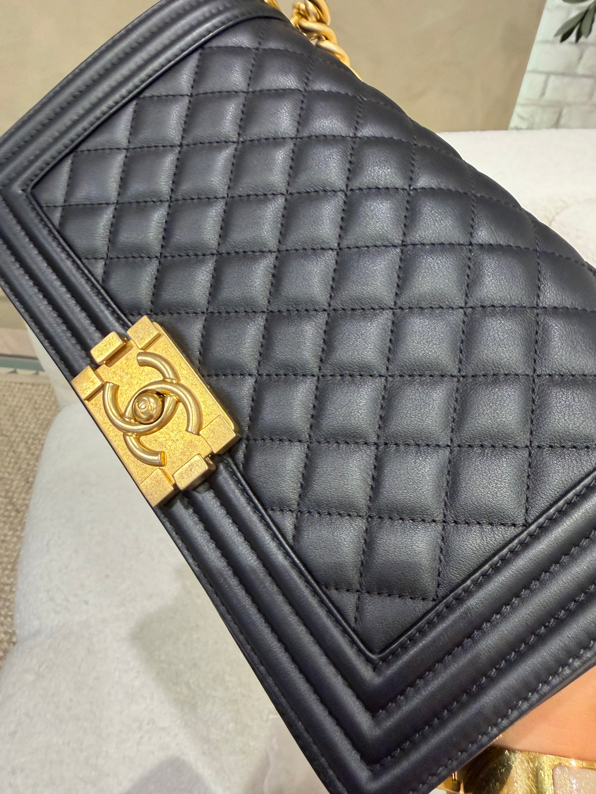 Chanel Boy Bag – Black Quilted Lambskin | Aged Gold Hardware | Microchipped