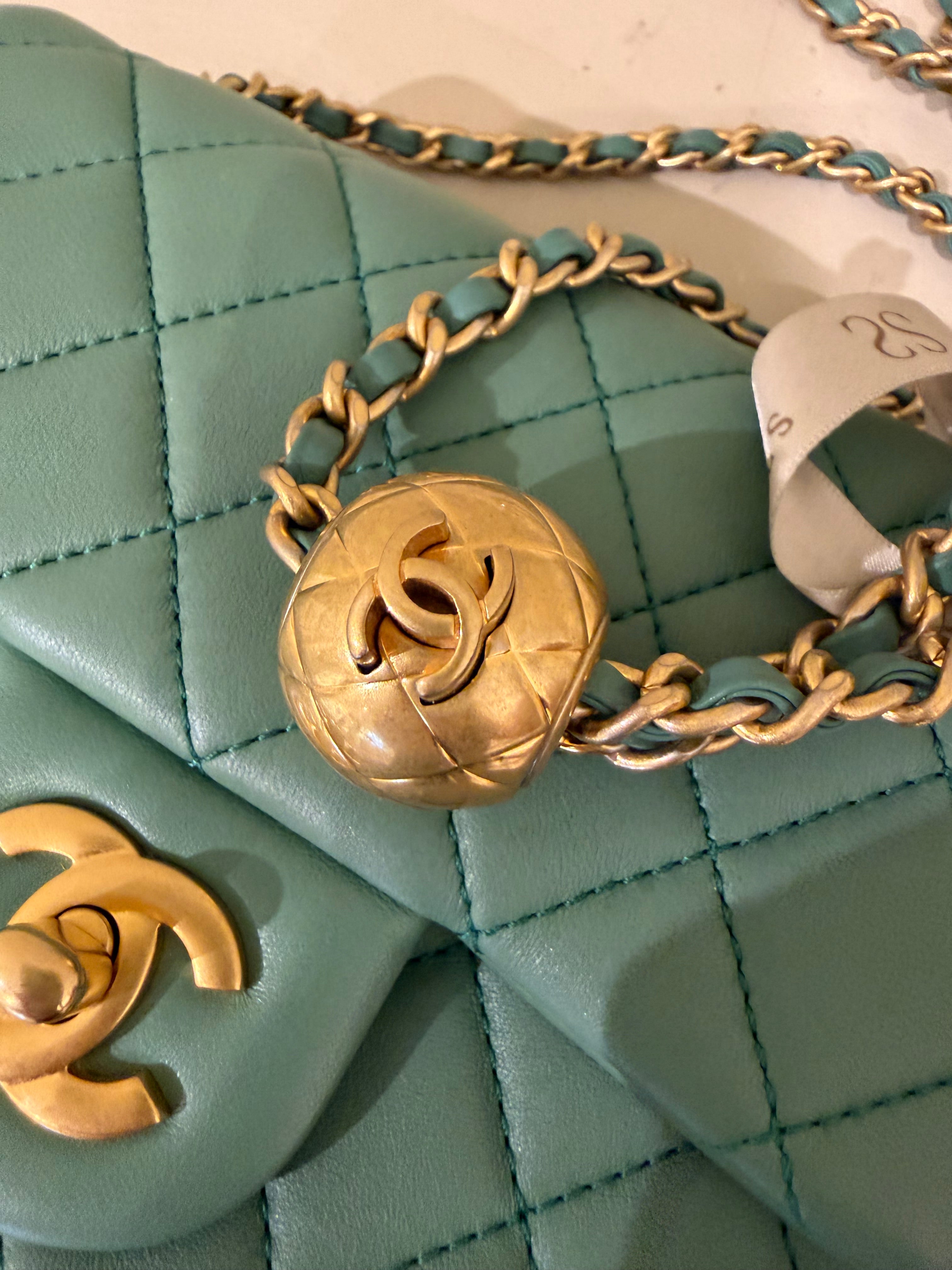 Chanel Mini Square Pearl Crush | Green Lambskin | Brushed Gold Hardware | Microchip | Excellent