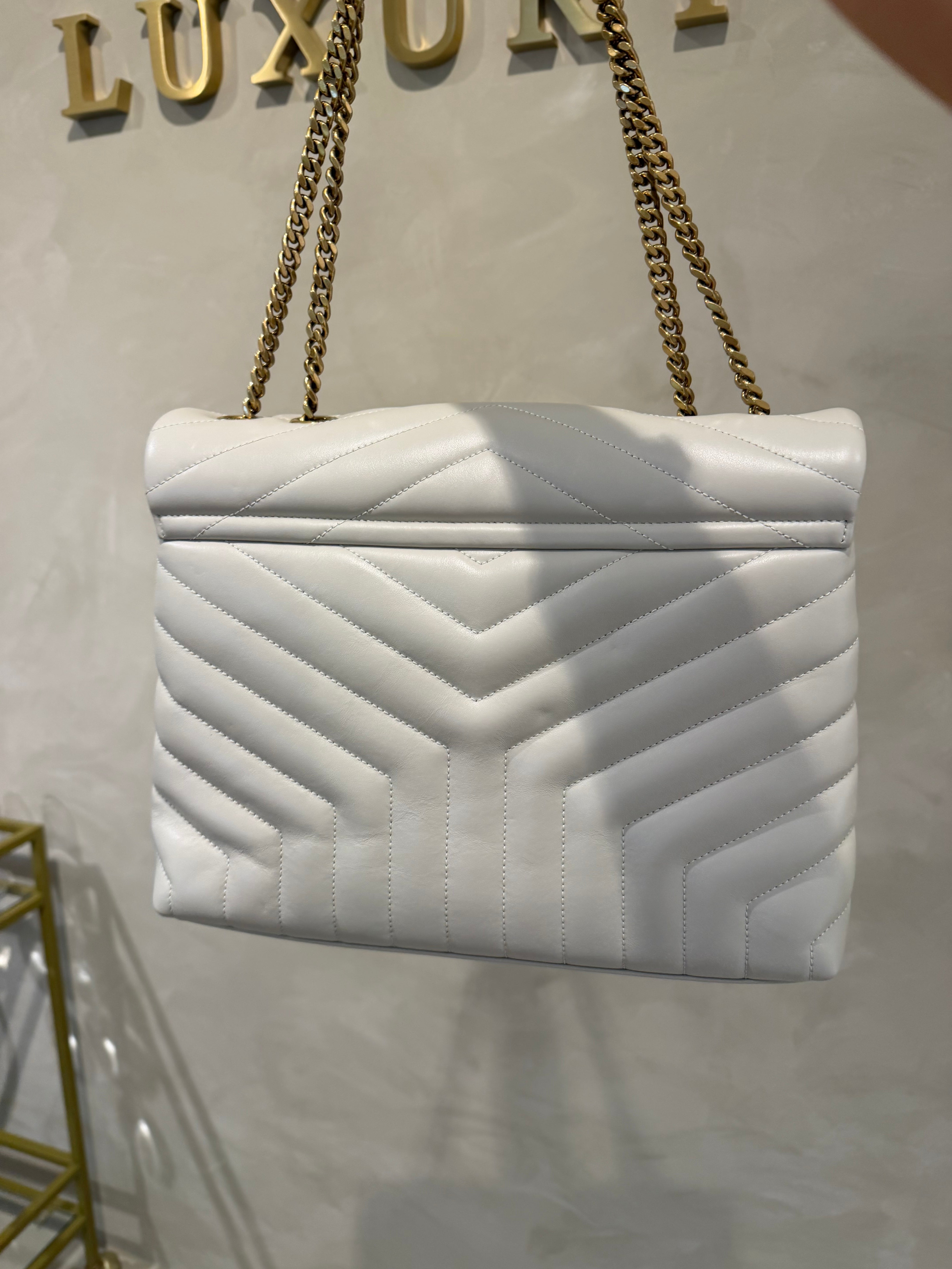 Saint Laurent Loulou Large Cream Quilted Leather Shoulder Bag with Gold Hardware