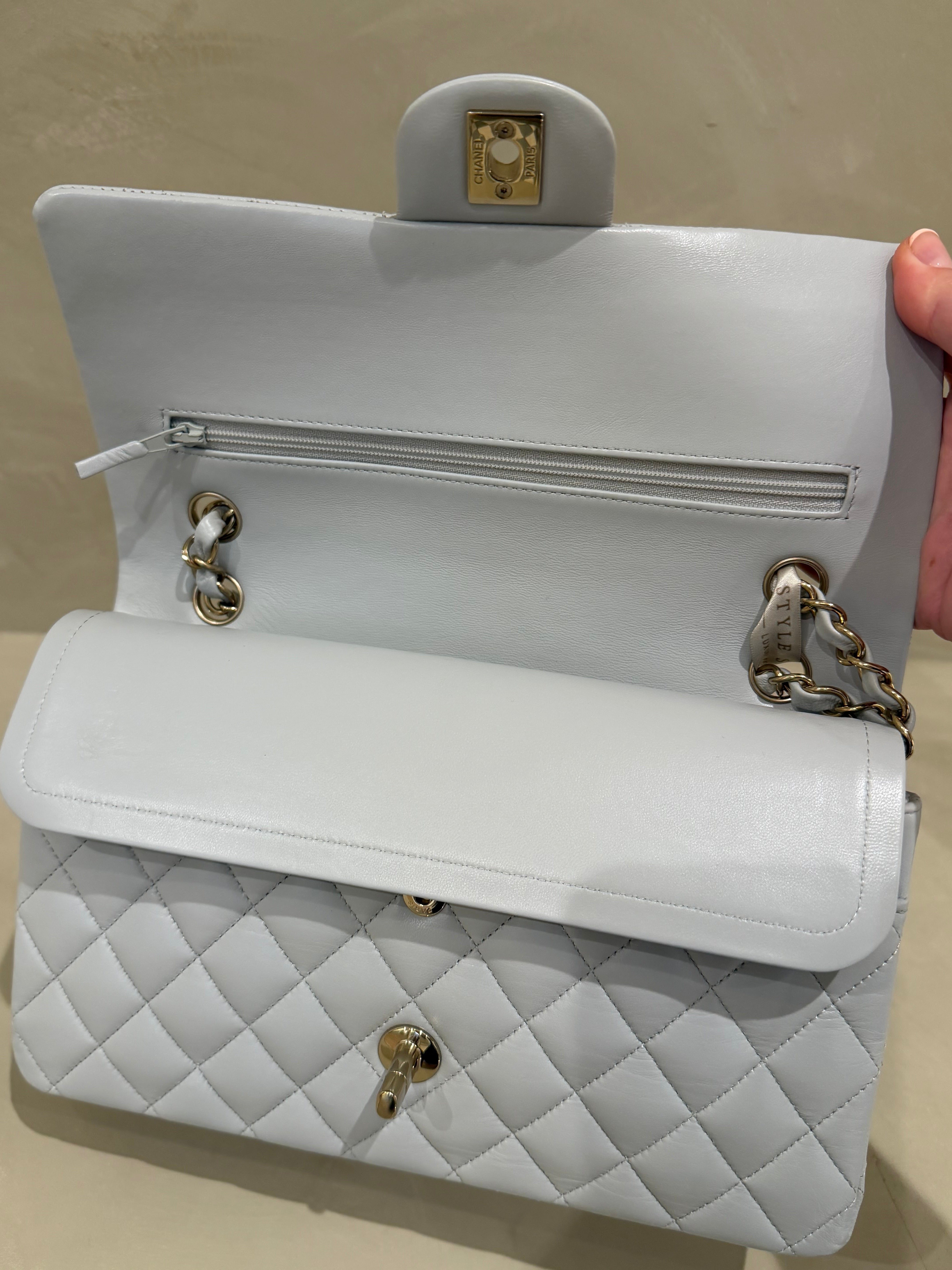 Chanel Medium Classic Flap | Blue/Grey Lambskin | Champagne Gold Hardware | Microchip | Pristine
