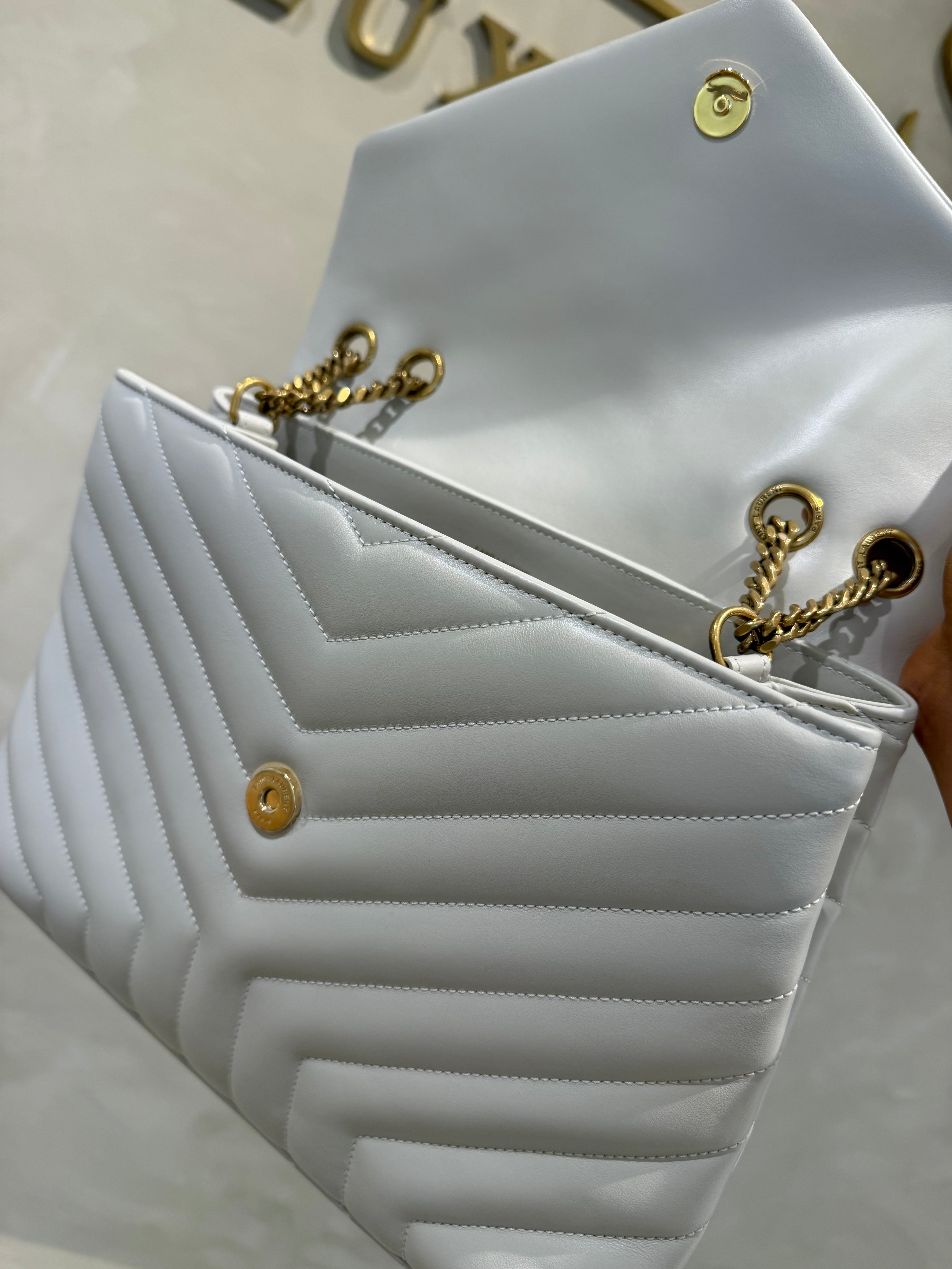 Saint Laurent Loulou Large Cream Quilted Leather Shoulder Bag with Gold Hardware