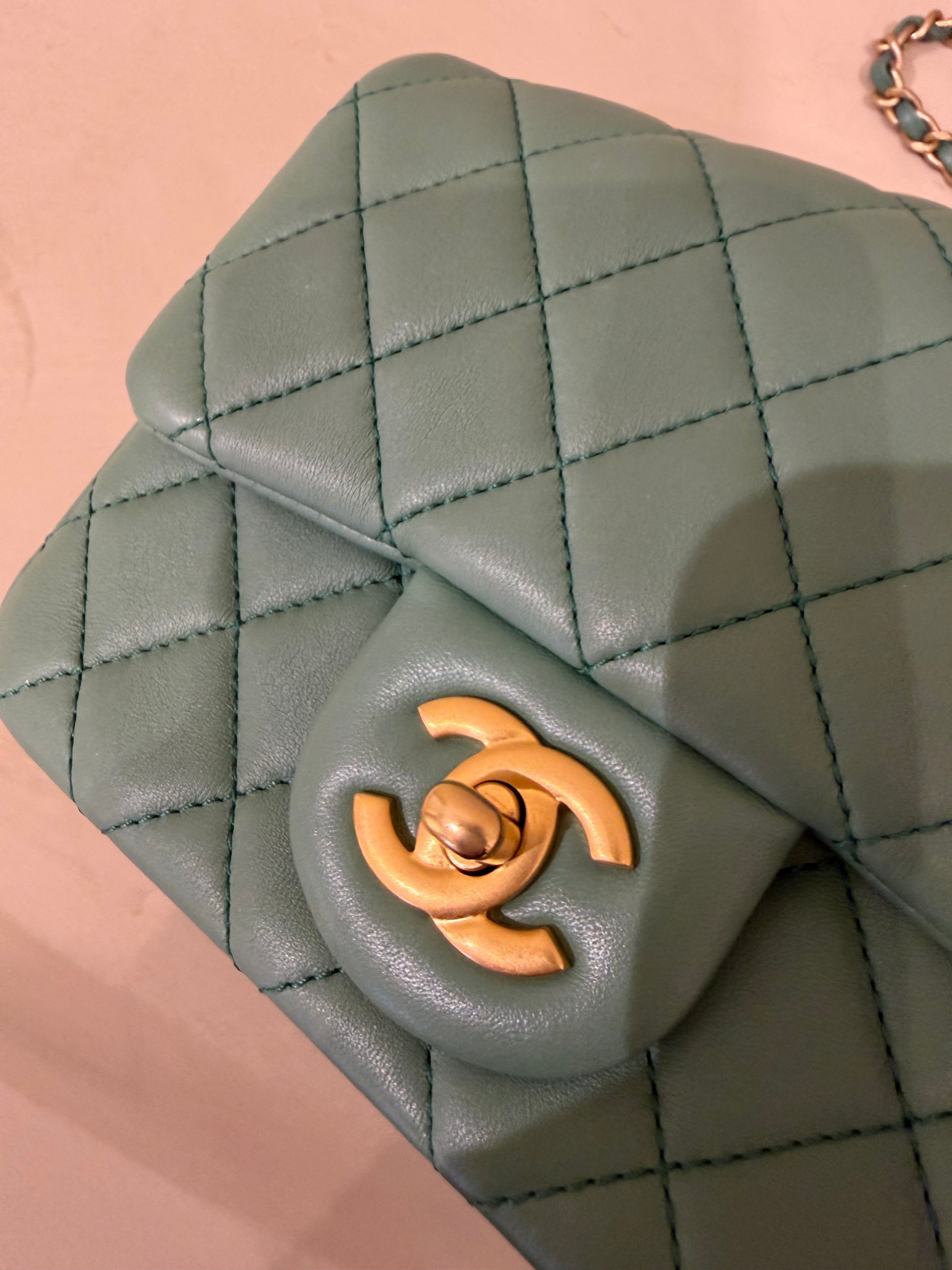 Chanel Mini Square Pearl Crush | Green Lambskin | Brushed Gold Hardware | Microchip | Excellent