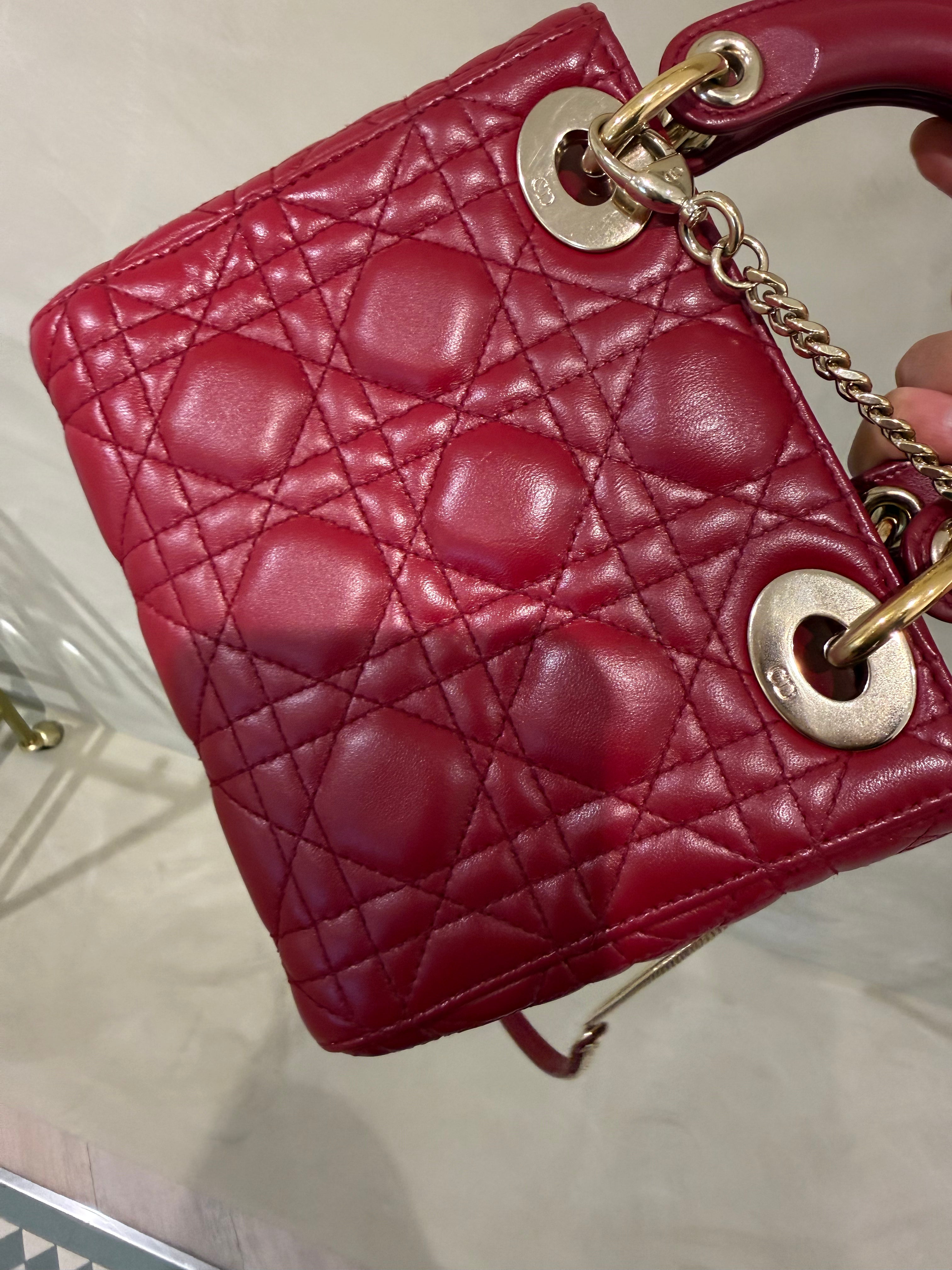Dior Lady Dior Mini | Deep Red Lambskin | Gold Hardware | Very Good