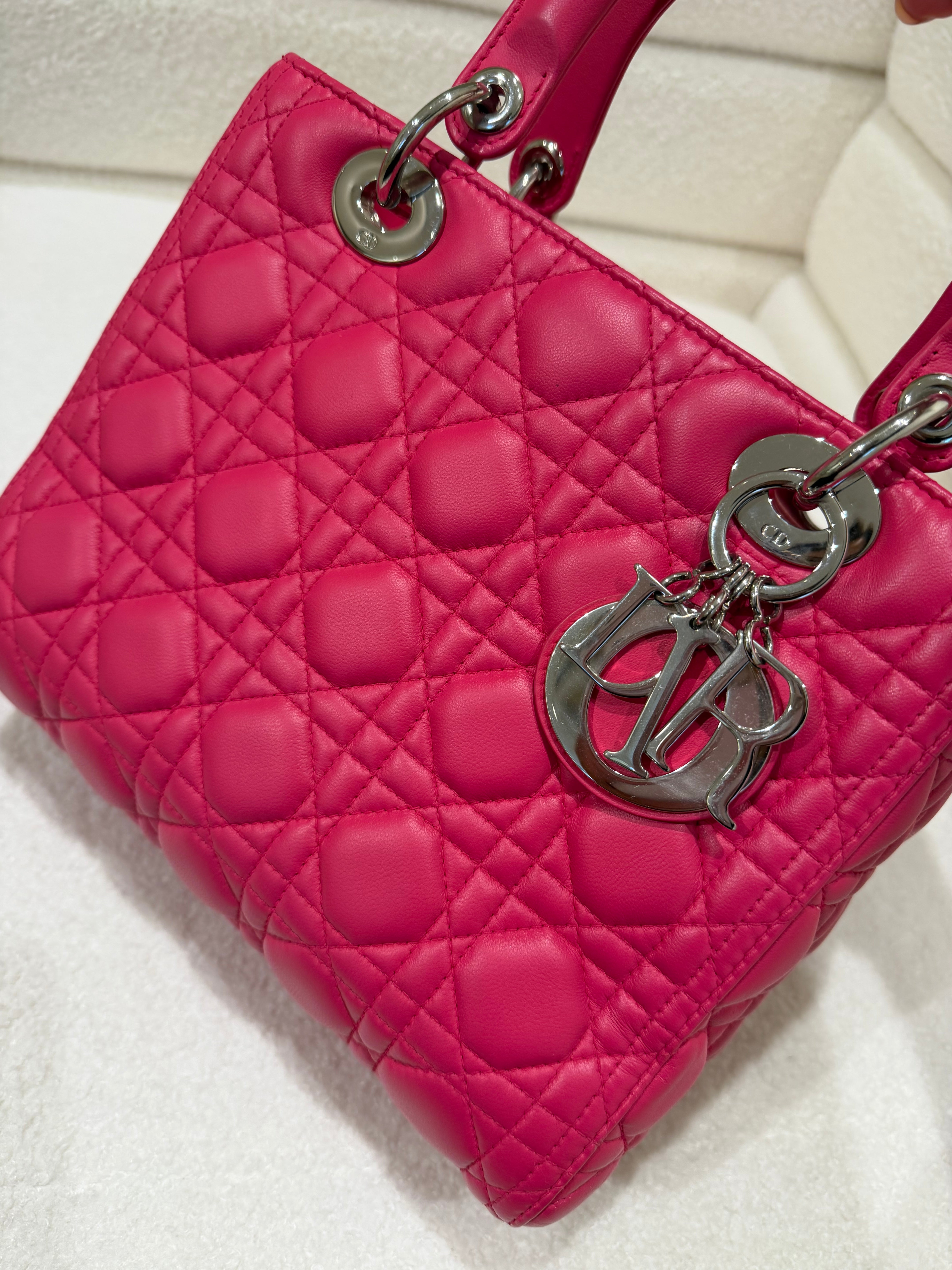 Dior Lady Dior | Medium | Fuchsia Pink Lambskin | Silver Hardware | Excellent