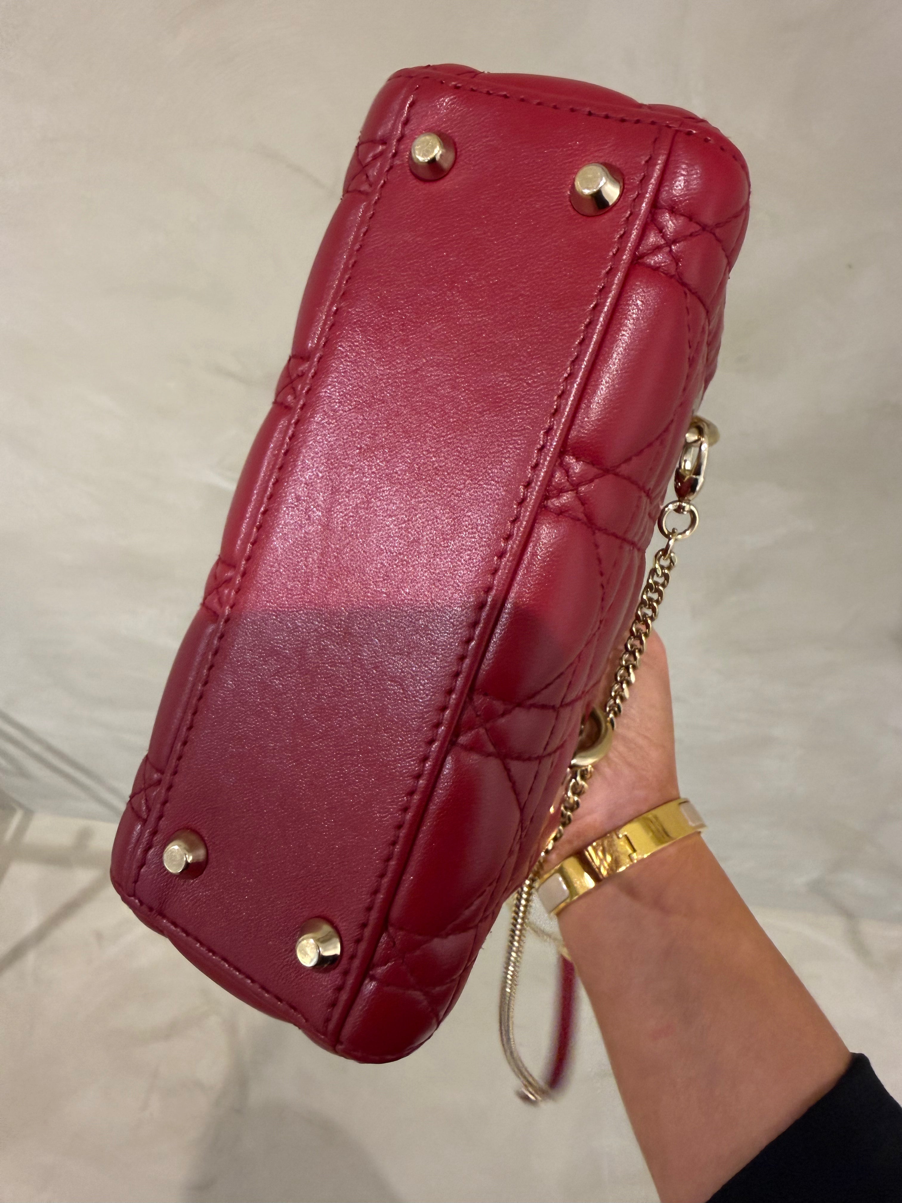 Dior Lady Dior Mini | Deep Red Lambskin | Gold Hardware | Very Good
