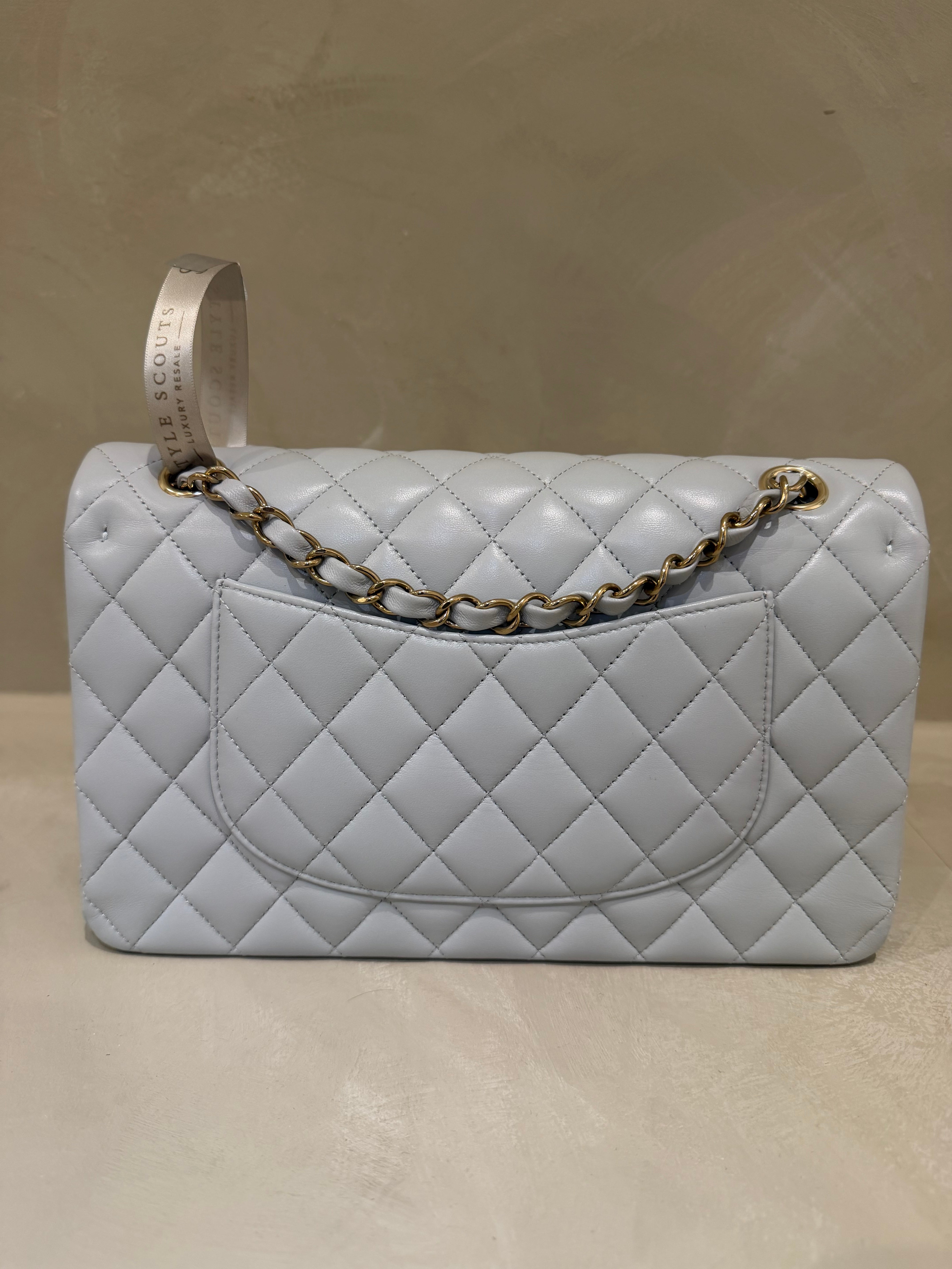 Chanel Medium Classic Flap | Blue/Grey Lambskin | Champagne Gold Hardware | Microchip | Pristine