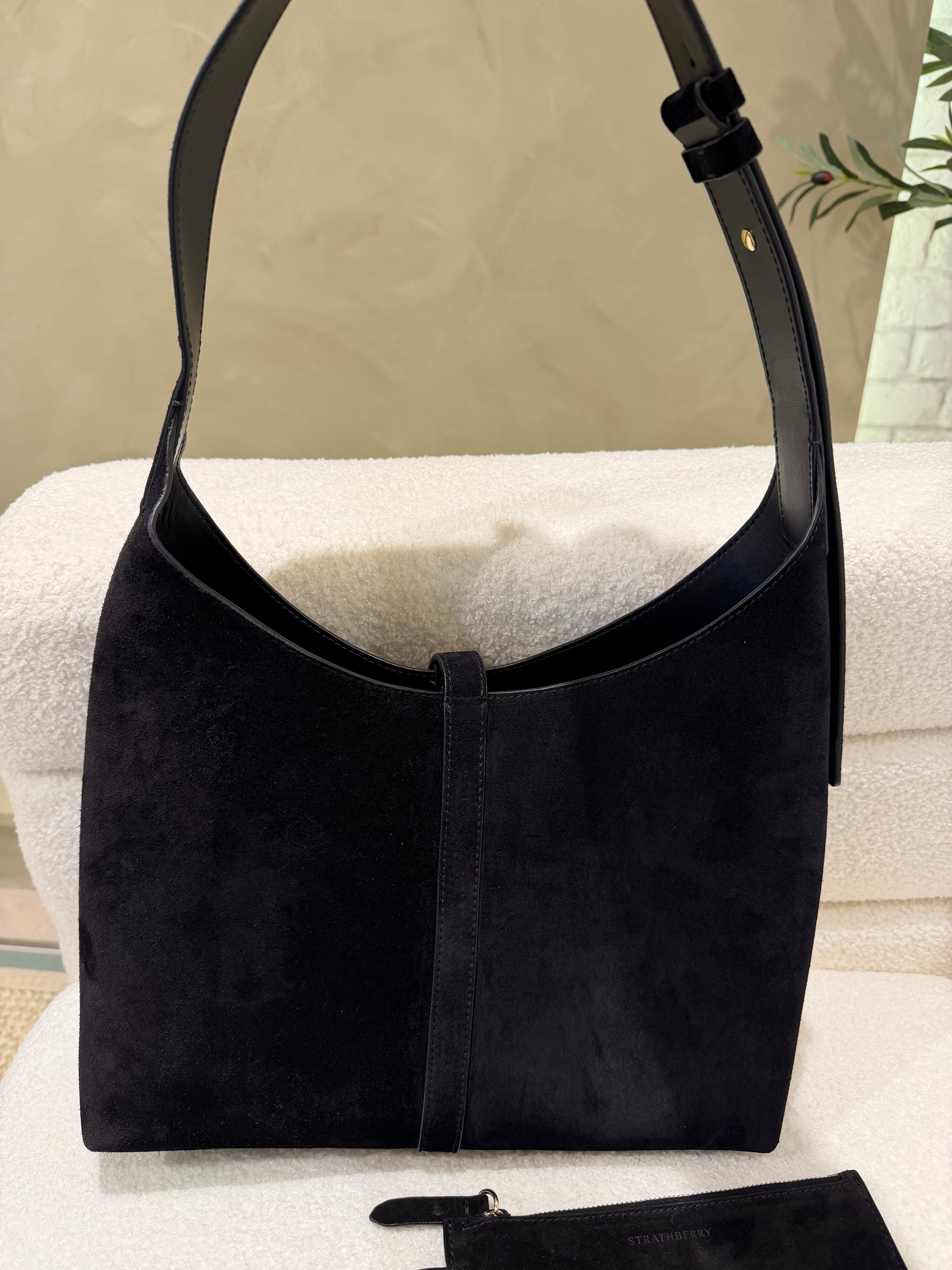 Strathberry Kite Black Suede Tote / Hobo Shoulder Bag with Gold Hardware